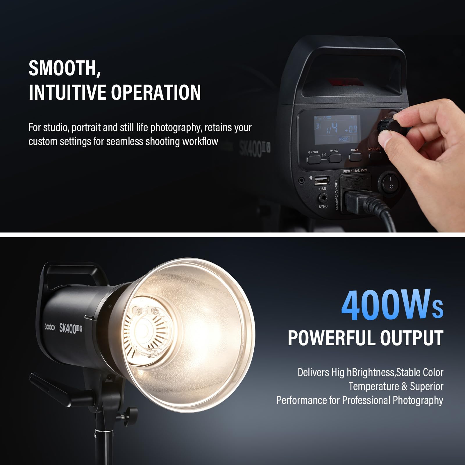 Godox SK400IIIV, kit flash stroboscopico da studio da 1200 W, aggiornamento 2026, monolight da 400 W, sistema wireless 2,4 G, supporto Bowens, softbox, supporti luce per fotografia di ritratto (kit