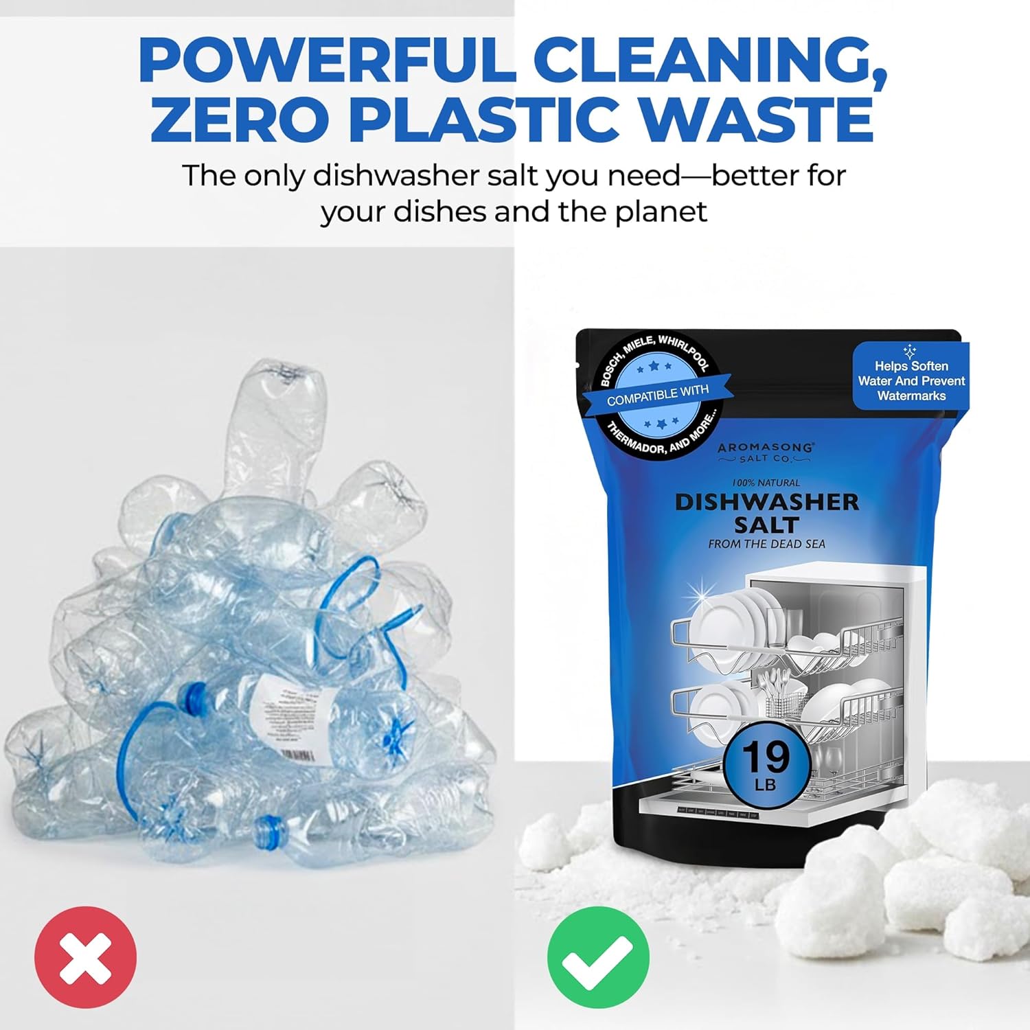 Aromasong Dishwasher Salt 19 LB - 100% Natural Water Softening Agent for Cleaner Dishes & Washer Reactivation Compatible with Bosch, Miele, Whirlpool, Thermador and More (packaging may vary)