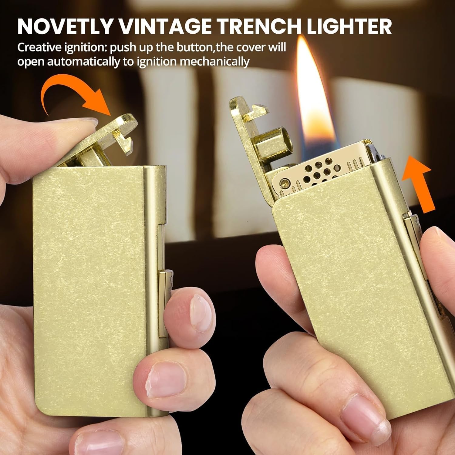 Cool Trench Lighter,Vintage Lighter, Unique Lighters with Creative Ignition, Antique Brass Matchbox Kerosene Lighter Fluid Refillable, Soft Flame Lighter, Great Gifts for Men Dad Husband(Gold)