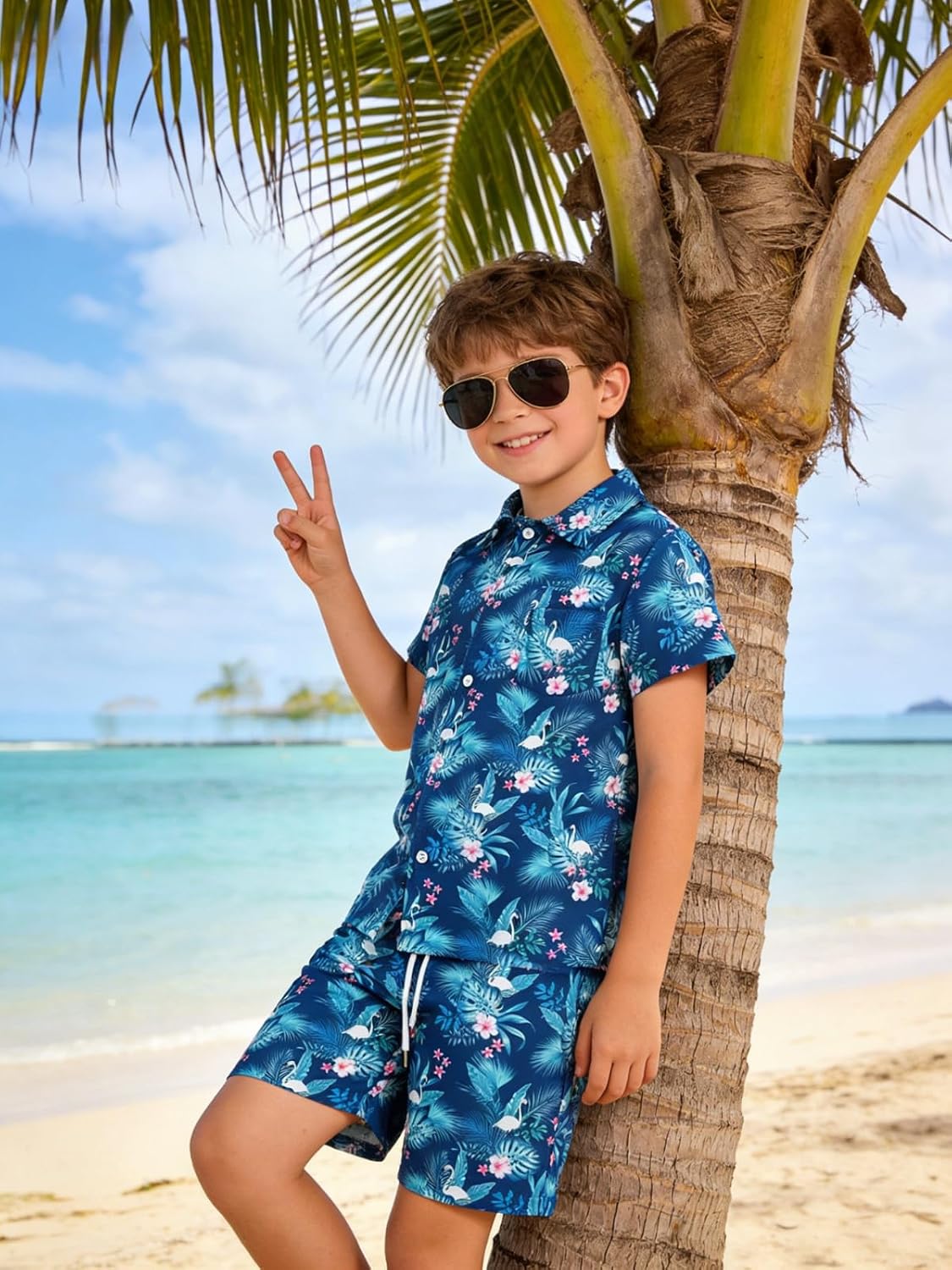 Boys Summer Outfits 2Piece Casual Hawaiian Shirt and Short Set Holiday Beach Shirts for Kids Size 7-14 Years