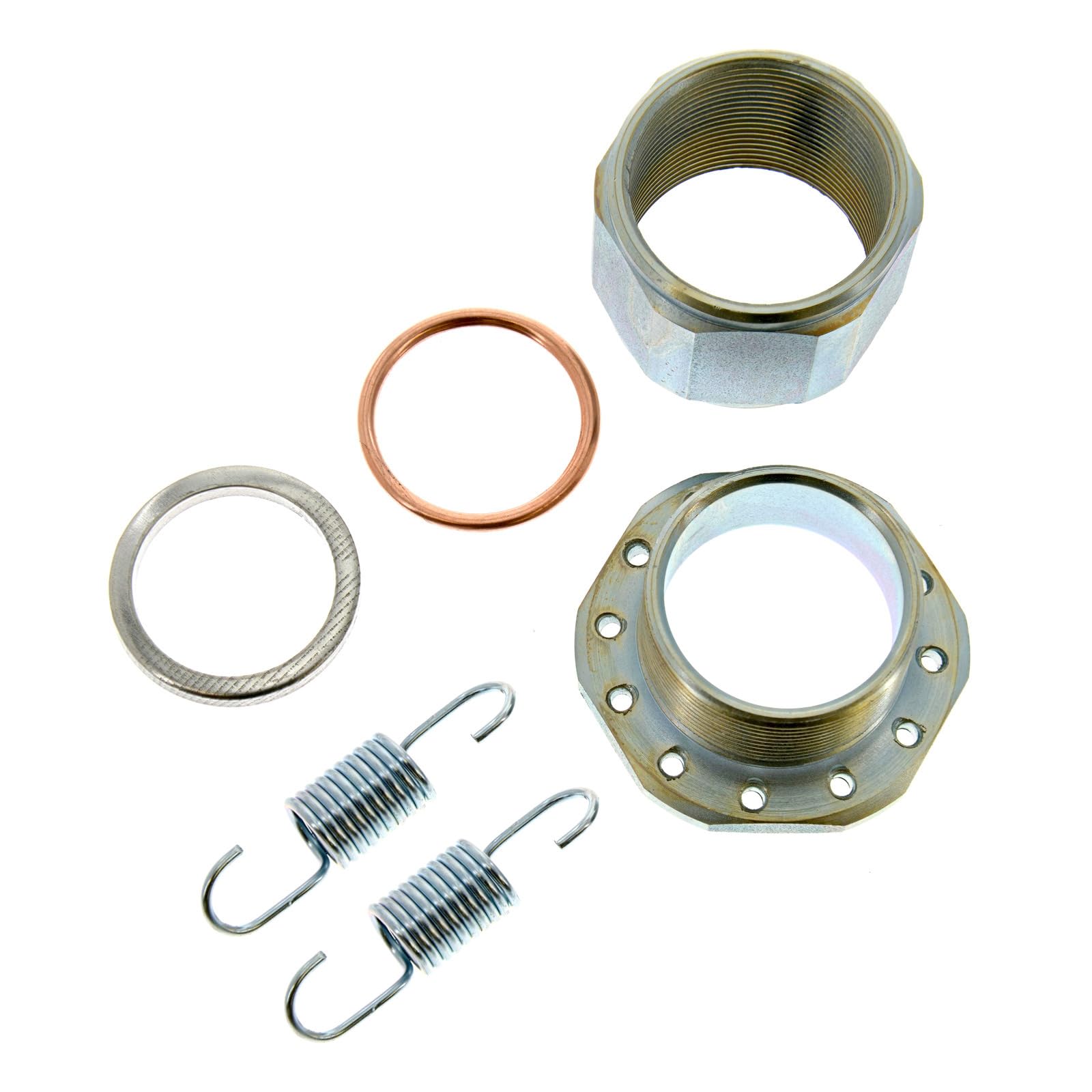 Set Krümmerbefestigung, Fixierung - nur für Ø28mm-Auspuffkrümmer - mit zwei Zugfedern, Krümmermutter, Einschraubstück, zwei Dichtringen