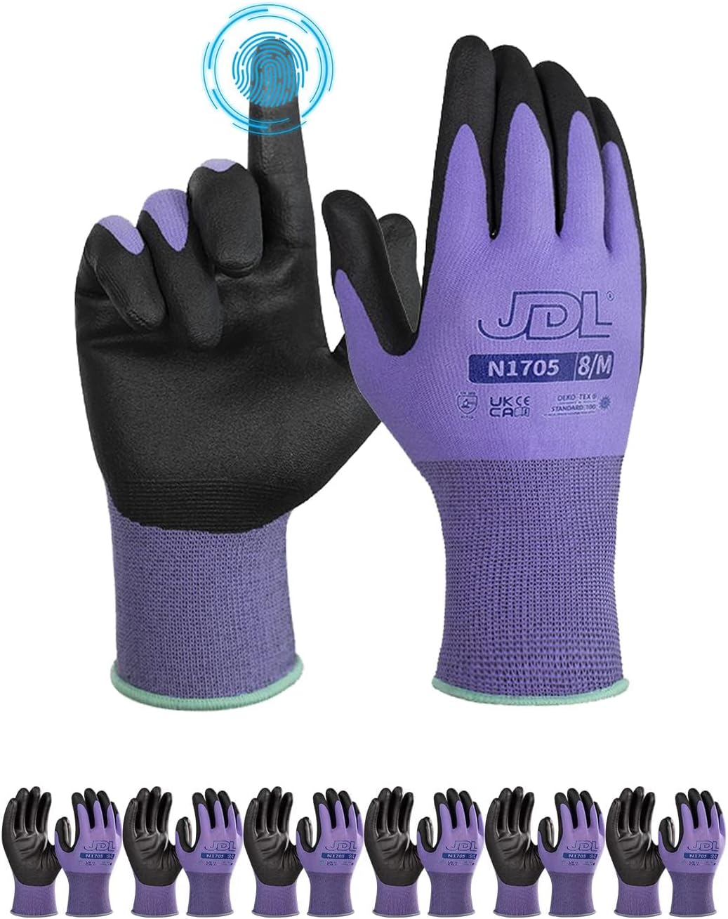 JDL 6 Pairs Microfoam Nitrile-Coated Nylon Work Gloves for Women & Men, Touchscreen Safety Gloves, Lightweight & Breathable with Durable Grip for Construction, Warehouse, Mechanics, Purple, Large