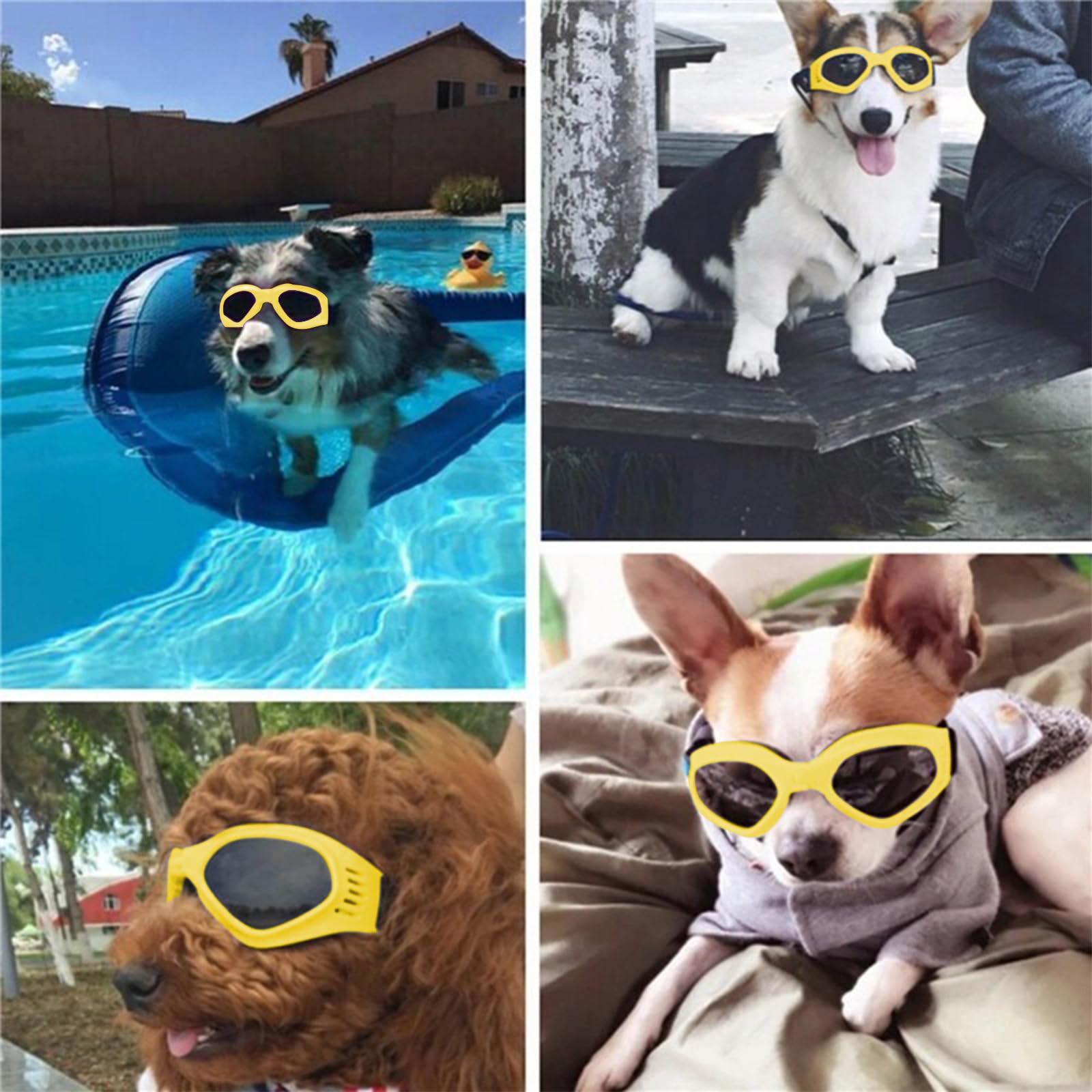 Occhiali per Cani Taglia Piccola, Pieghevole Occhiali da Sole per Cani e Gatti, Protezione UV, Regolabile, con Collari per Pet, Giallo