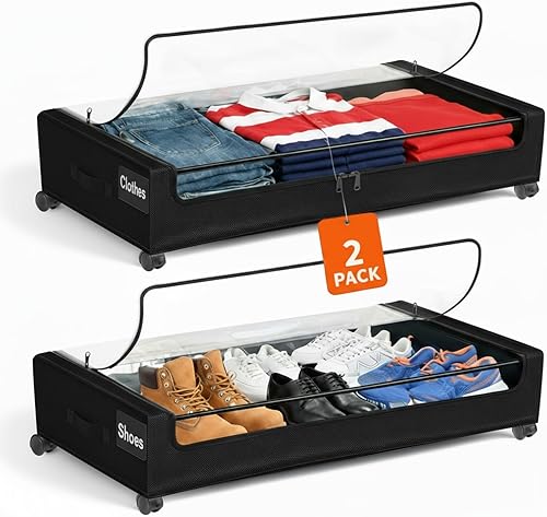 Almacenamiento debajo de la cama con ruedas, paquete de 2 contenedores de almacenamiento rodantes con asas gruesas, ventana transparente y etiqueta,