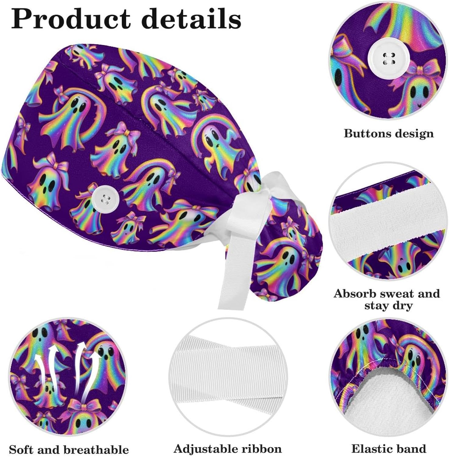 Halloween Scrub Cap Women Ponytail Surgical Hat with Buttons