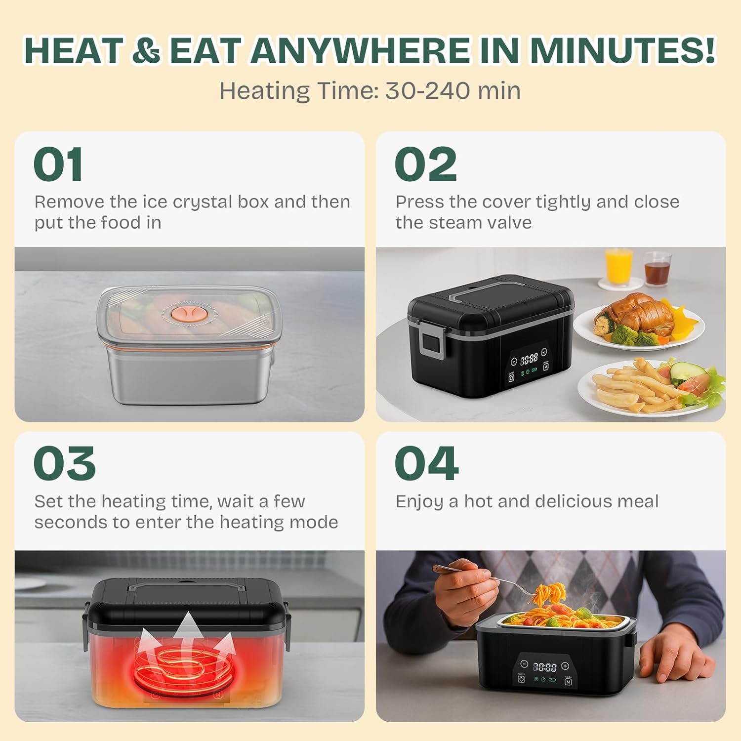 Cordless Heated Lunch Box, Smart Timer Automatic Heating Food Warmer for Adults, 5.5-Cup Portable Electric Lunch Container with Handheld Insulated Bag（Dark Black）