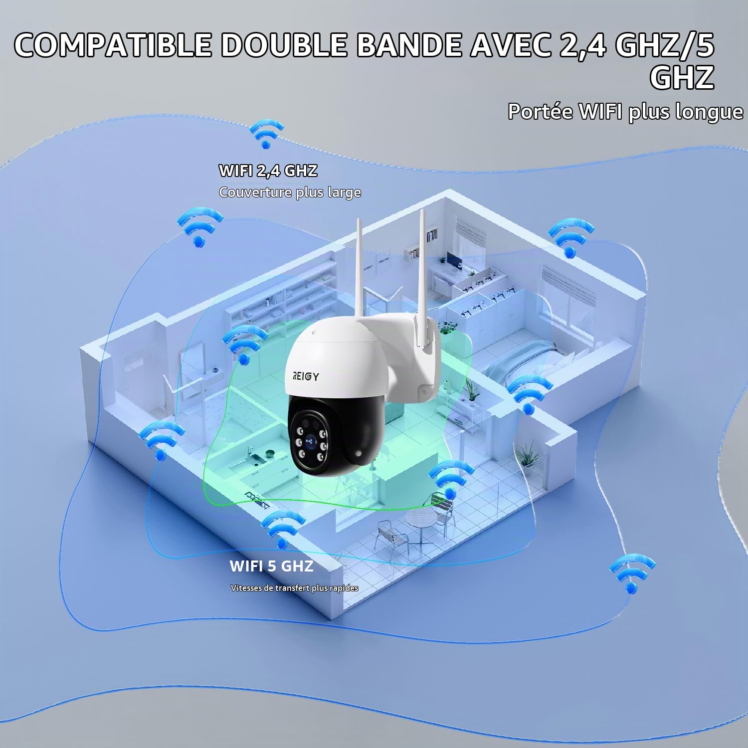 REIGY 5MP Caméra de Surveillance WiFi Extérieure PT 360°, IP Caméra de Sécurité sans Fil(2880 * 1620p) avec Détection Mouvements Vision Nocturne Couleur Audio Bidirectionnel Compatible NVR