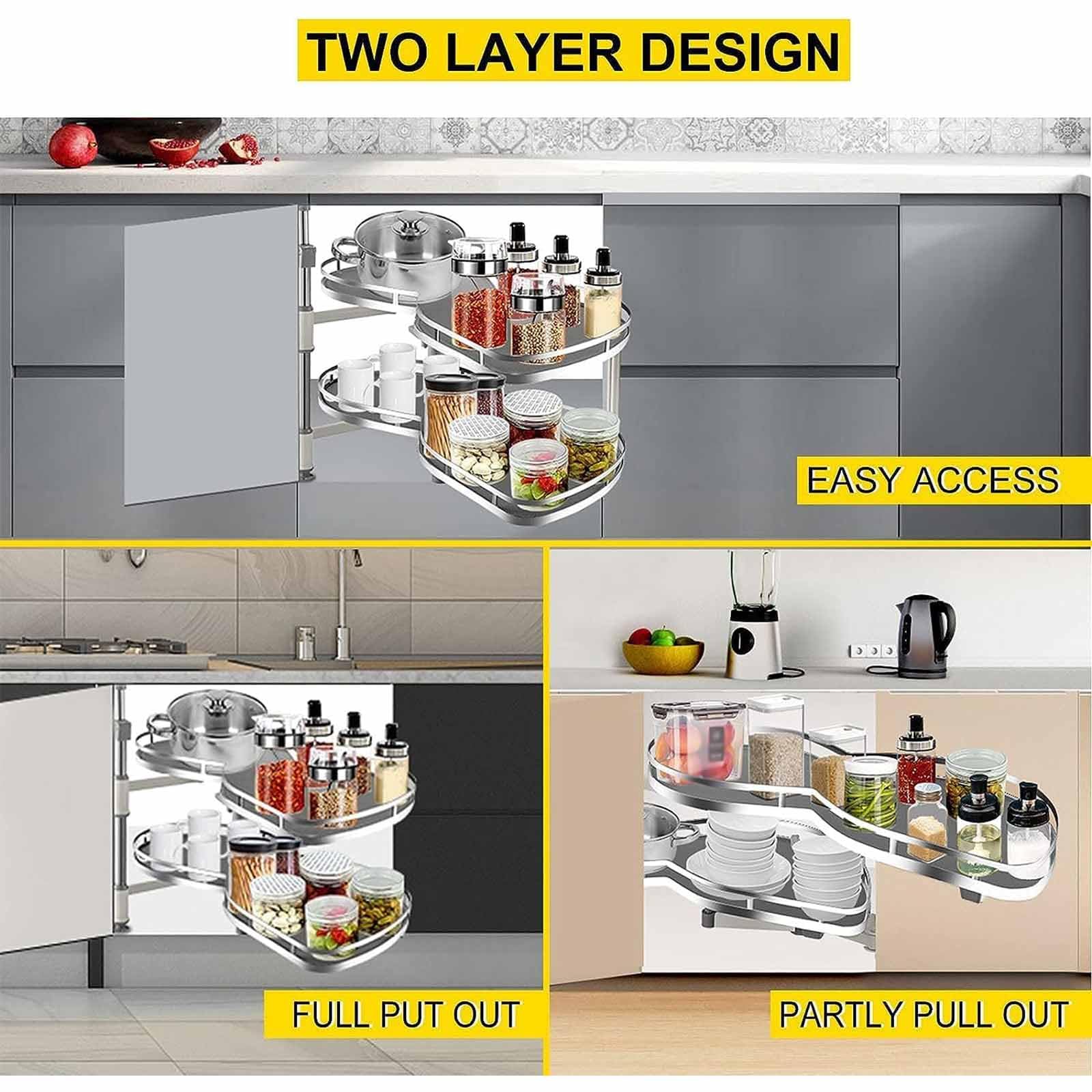 Organizzatore Estraibile per Angolo Cieco Cestino Estraibile Cestino per Disco Volante Angolare con Chiusura Ammortizzata Organizzatore Cieco Estraibile per Armadi da Cucina con Due Ripiani,