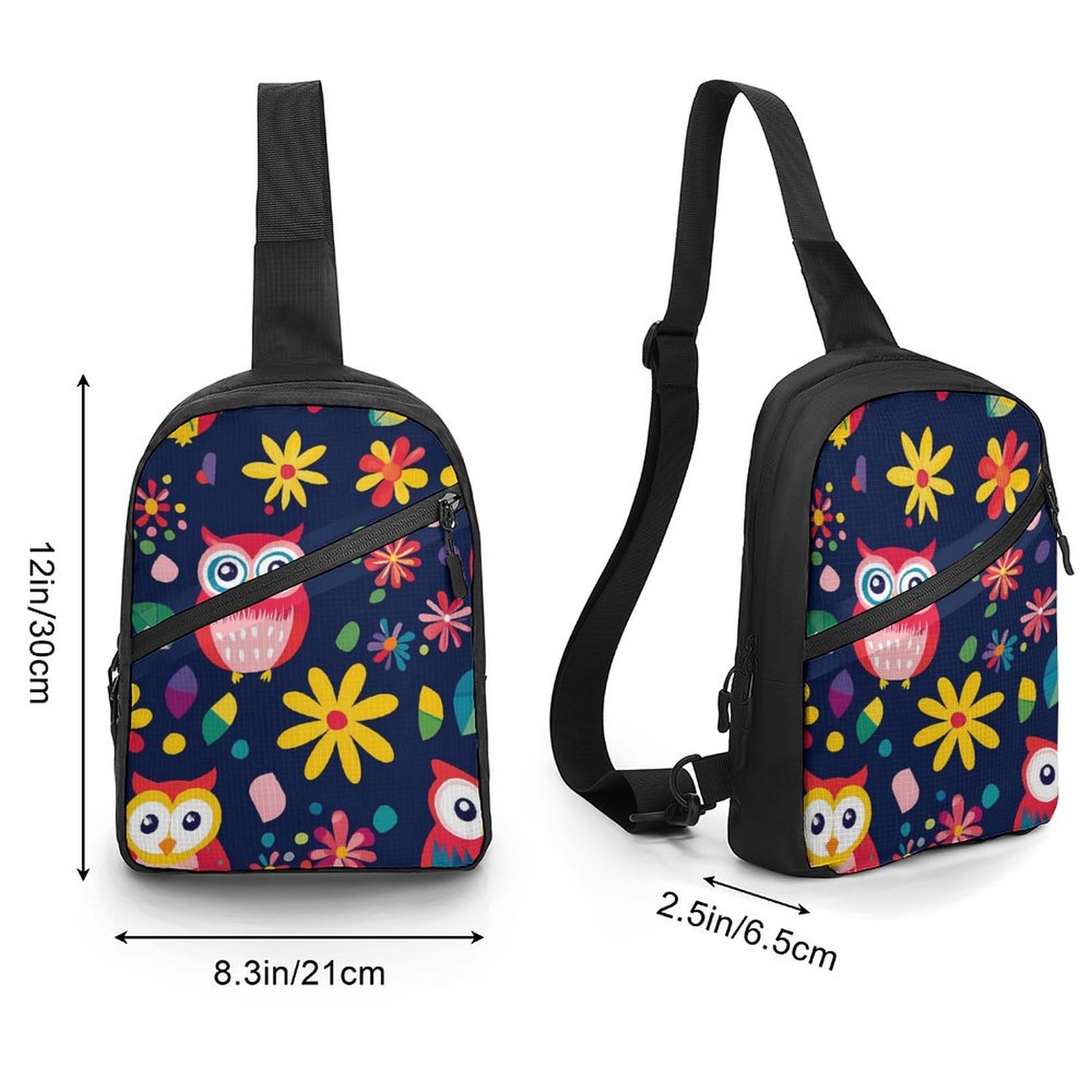 Colorful Owl and Flowers Chest Bag Foldable Crossbody Unisex Pack Travel Hiking Adjustable Shoulder Straps Sling Bags
