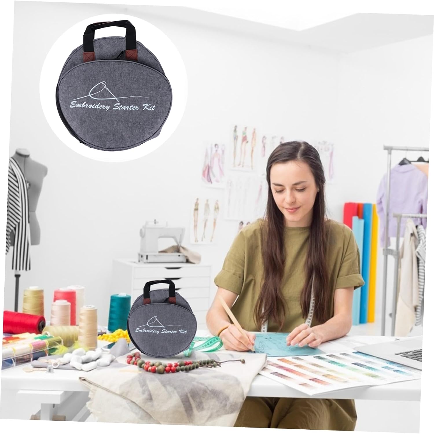 HOMSFOU Embroidery Project Carrier Bag Multi-Pocket Storage for Embroidery Kits Grey Color for Home Travel Use Keeps Accessories Organized
