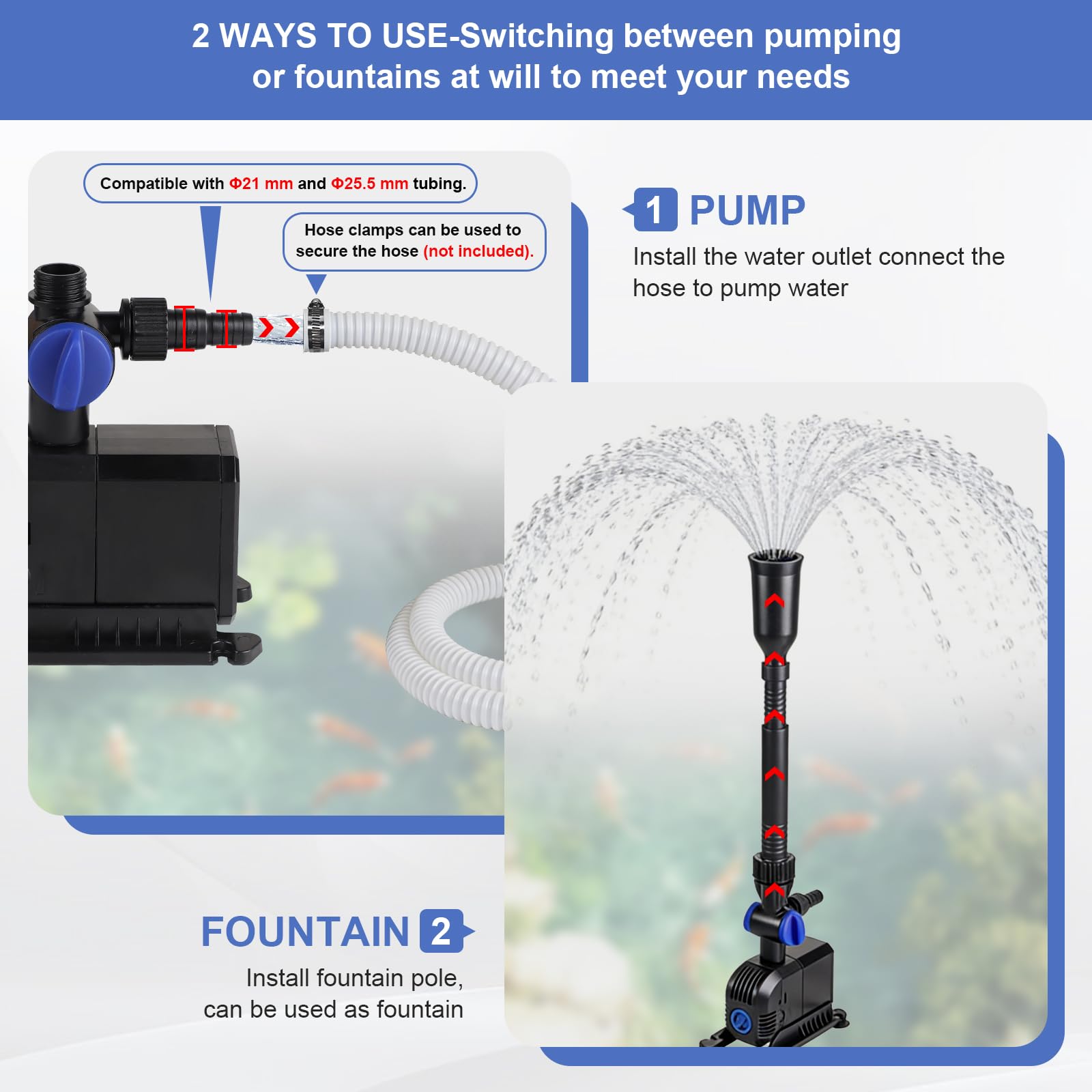 EFUTURETIME Pompa per Laghetto da Giardino 3000l/H 55W, Pompa per Fontana da Esterno Interno 3m Prevalenza, 2 Tipi di Ugelli, 5m Cavo, Pompa per Giochi d'acqua per Paesaggio Acquatico Perfetto