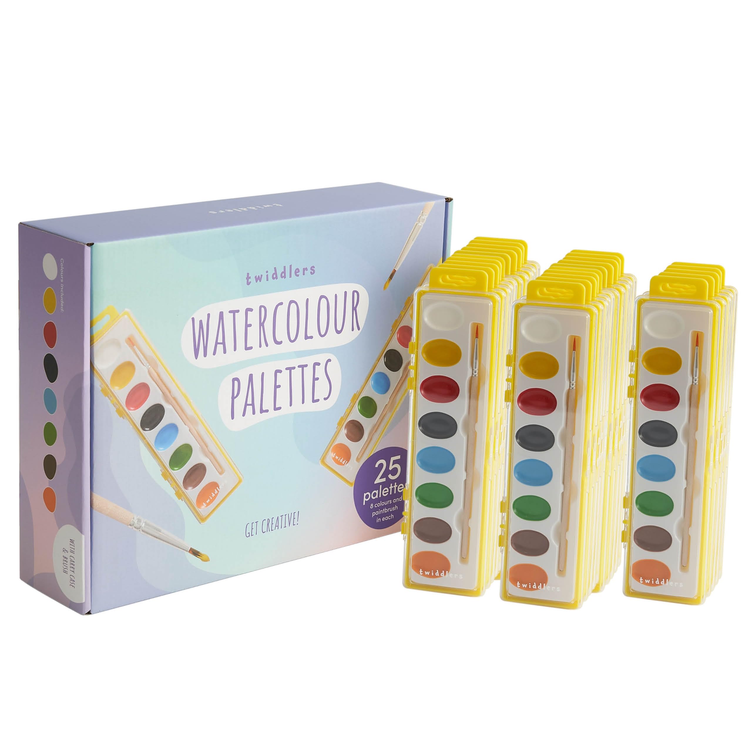 THE TWIDDLERS - 25 Palette di Colori ad Acquerello, Pennelli Individuali con Pennello in Legno e 8 Colori Vivaci, Basta Aggiungere Acqua, Lavandini - Sacchetti per Feste per Bambini, Regali in Classe