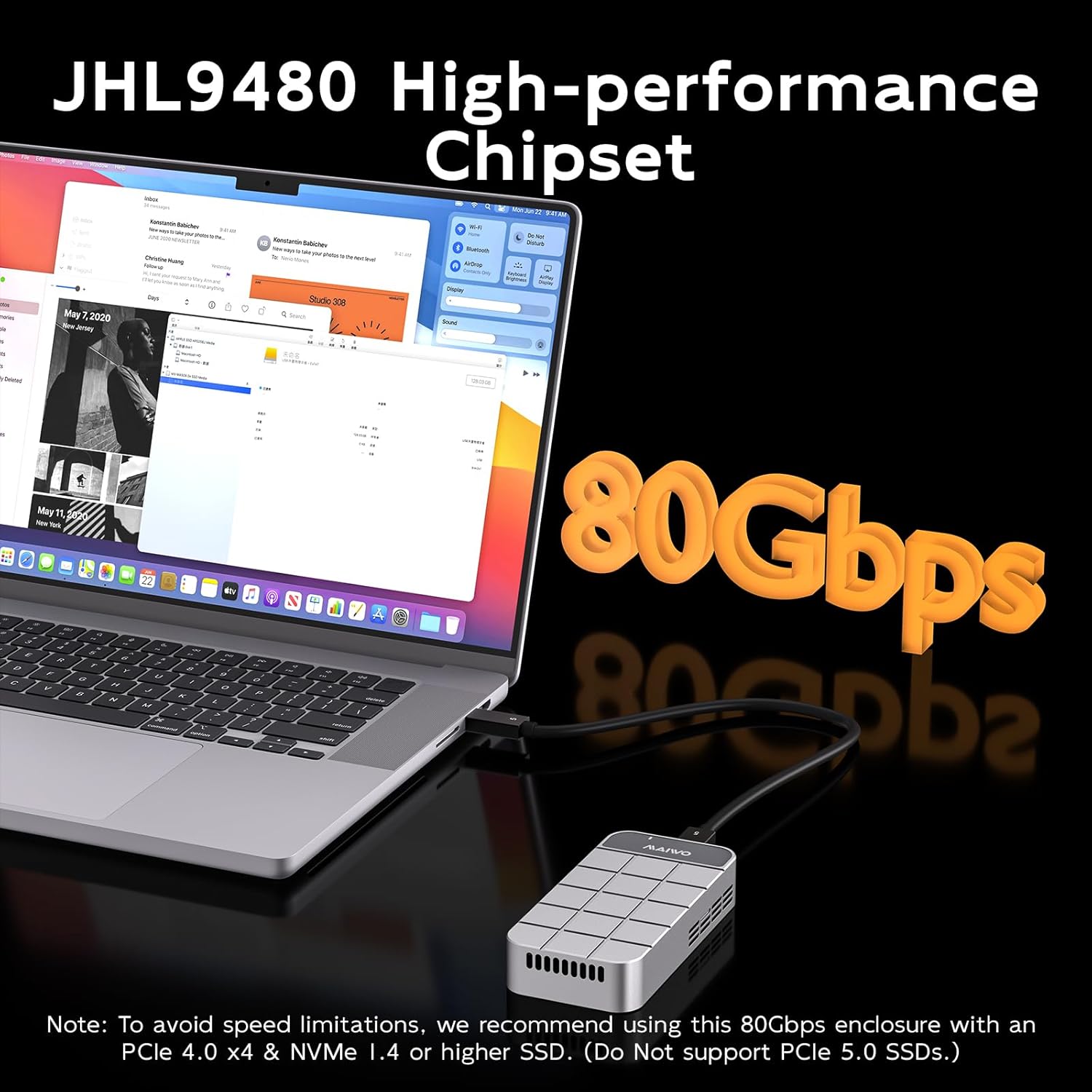 MAIWO 80Gbps M.2 NVMe SSD Enclosure with Cooling Fan, Compatible with Thunderbolt5/4 Port & PCIe NVMe M-Key 2280mm SSD & Mac Studio/MacBook Pro/Mac mini (M4 Max/M3 Ultra/M4 Pro)