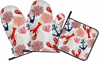 Red Corals Oven Mitts and Pot Holders Sets Lobster Ship Anchor Heat Resistant 3pcs for Cooking Baking BBQ