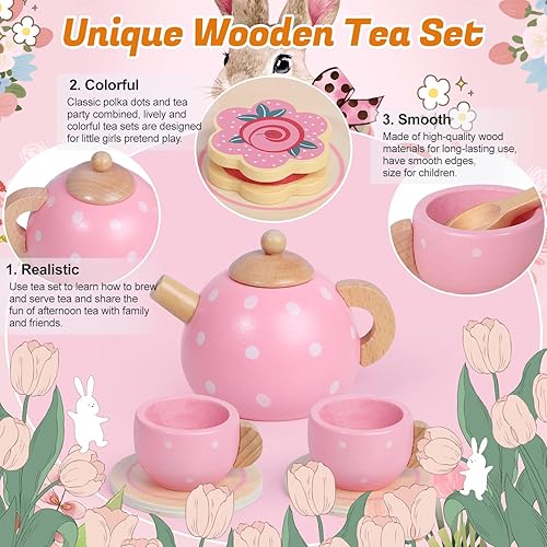 Miniatura 3 de Juego de fiesta de té de madera para niñas pequeñas, regalos para niñas pequeñas, juguetes de la hora del té de princesa, juego de té de madera,