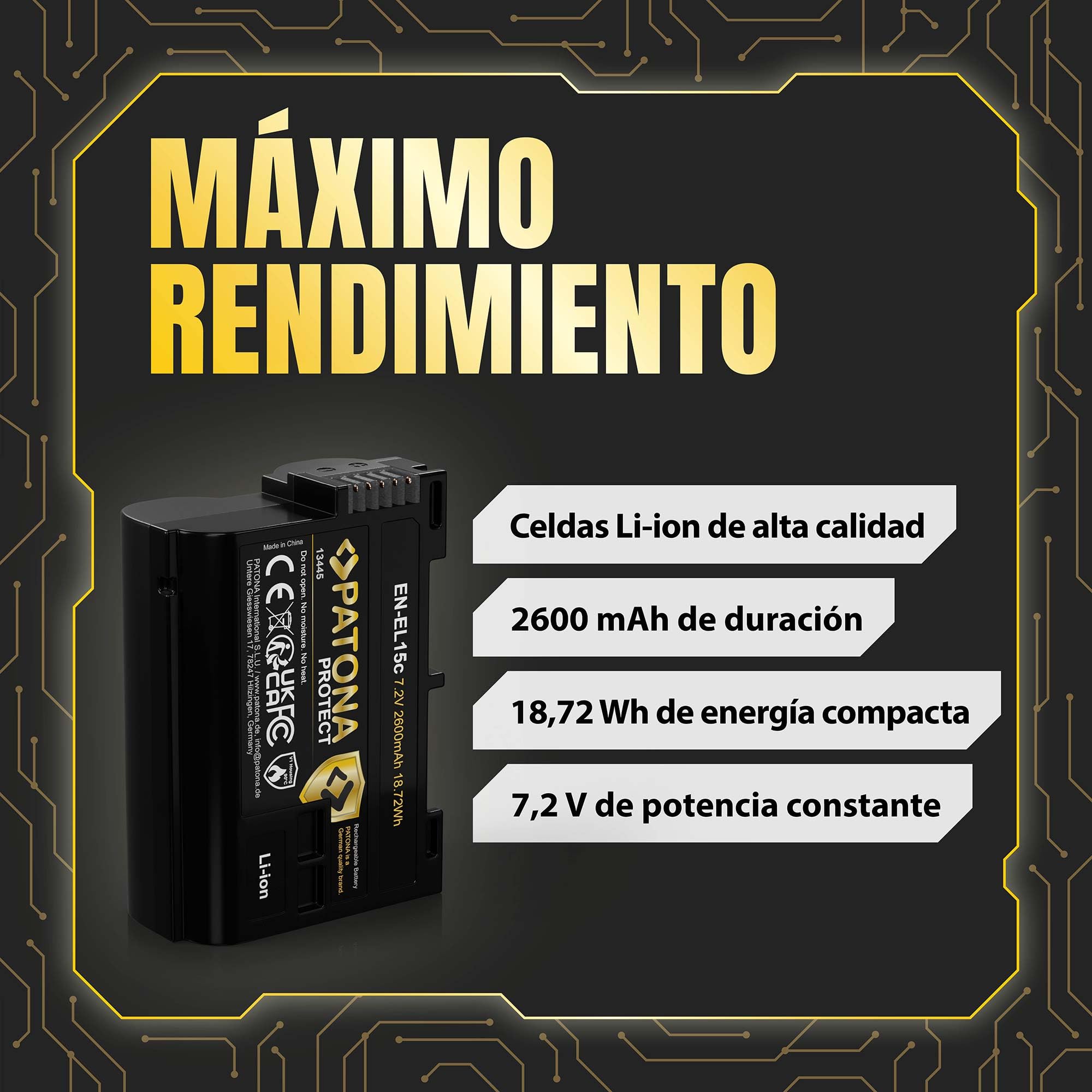 PATONA Protect Batería EN-EL15c 2600mAh – Repuesto para Nikon EN-EL15 EL15b EL15c – Compatible con Z5 Z6 II/III Z7 II Z8 Zf D850 D780 D750 D7500 – Sensor NTC y Carcasa V1