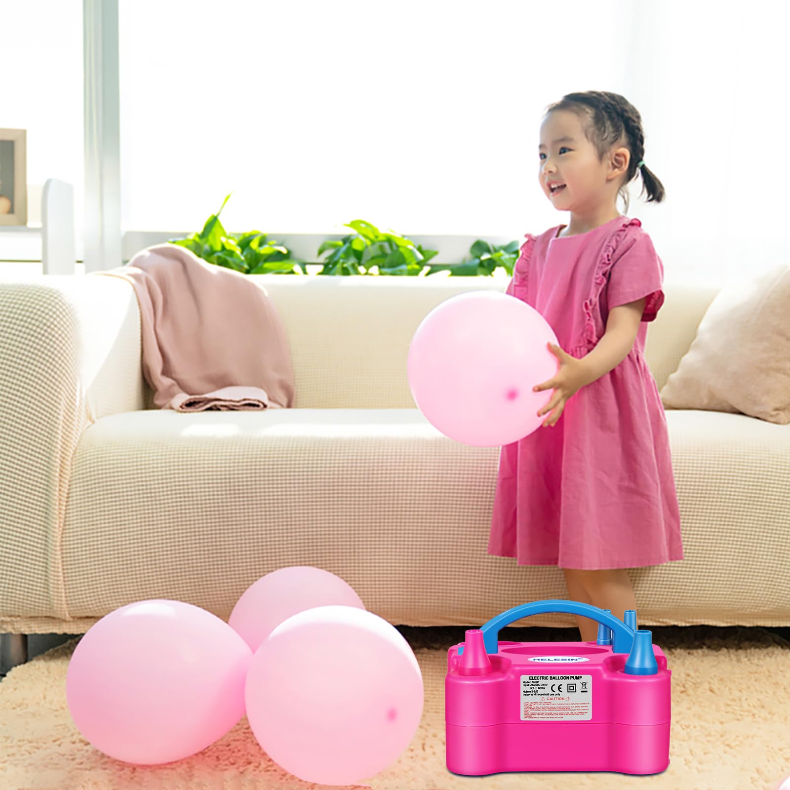 HELESIN Pompe à ballon électrique, 600 W, portable, avec 2 modes de gonflage, gonfleur pour décoration d'anniversaire, fête, Noël