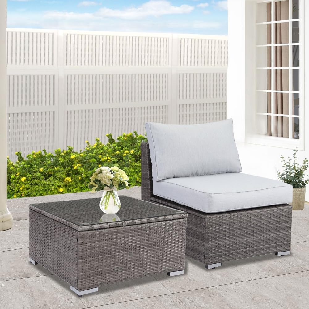 2 Piece Light Grey Sofa Small Armless Single Rattan Sofa Couch Set with Small Couch Table