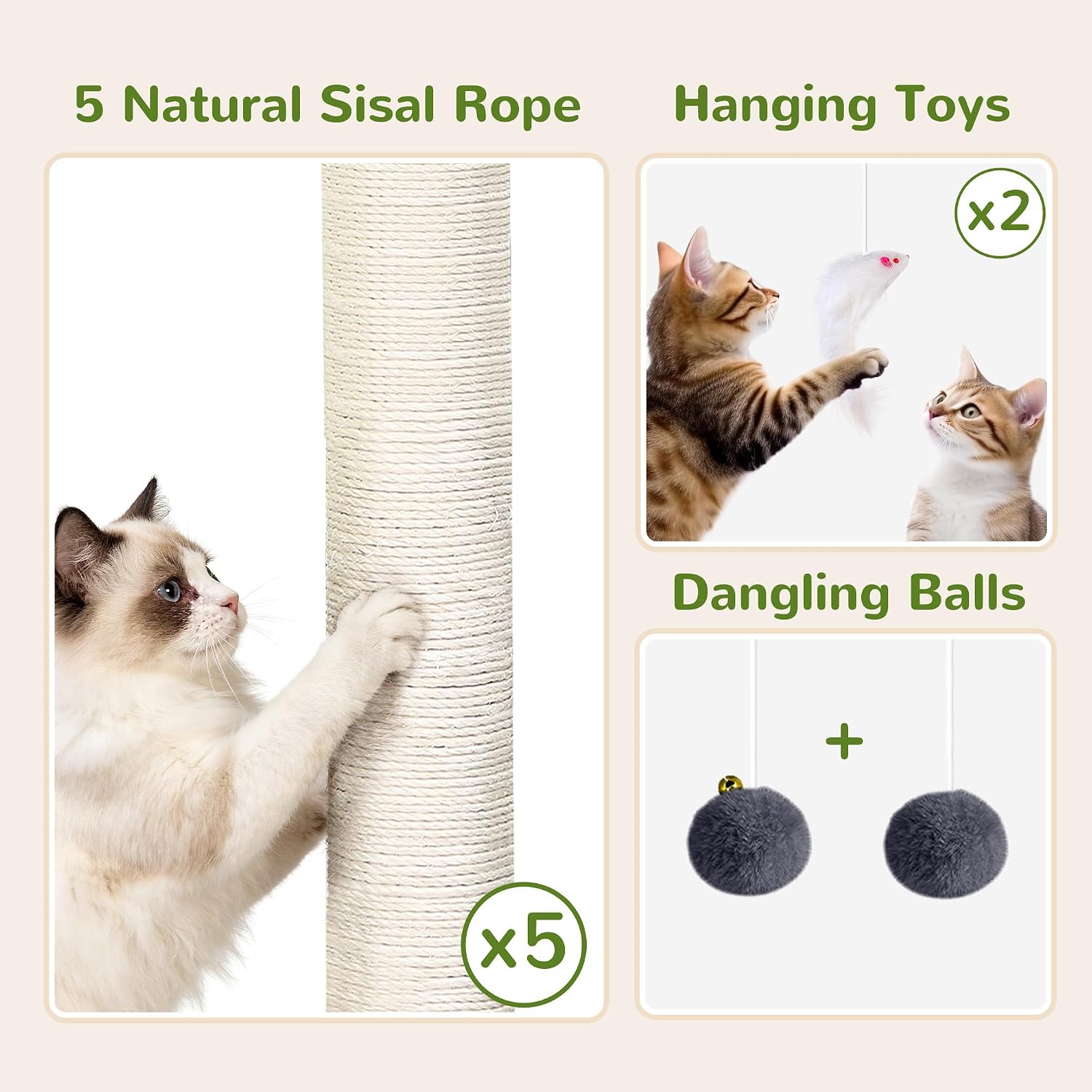 Image showing five natural sisal rope scratching posts, two hanging mouse toys, and two dangling balls.