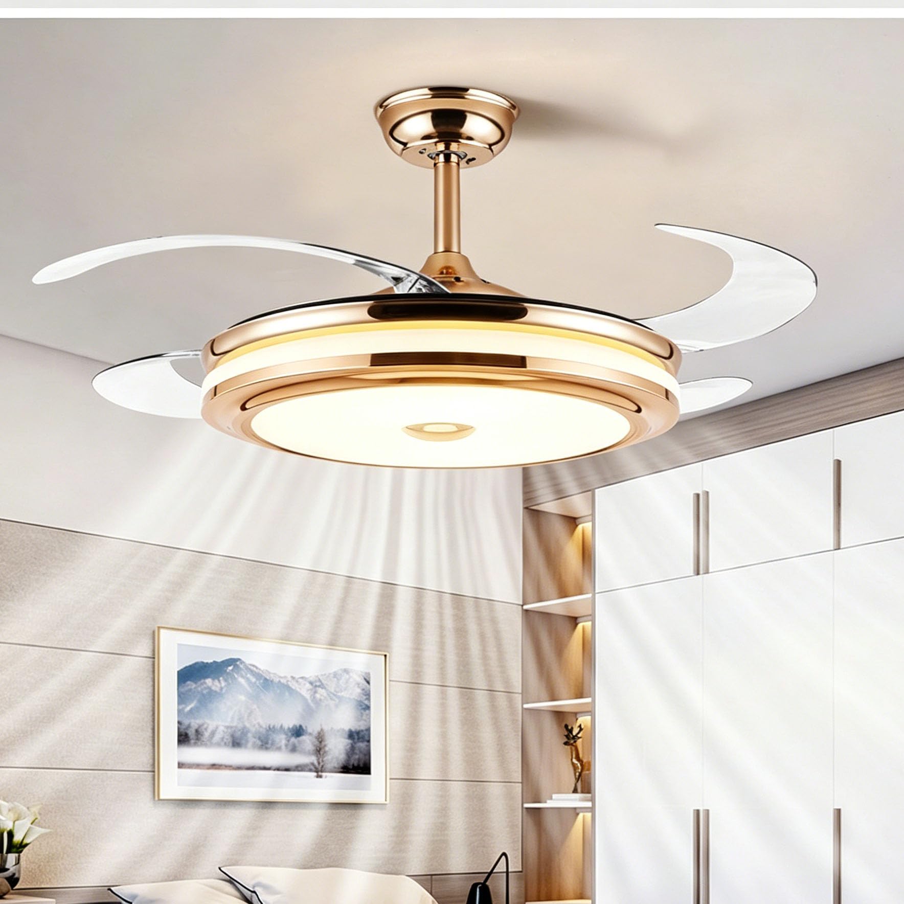 Piptyllite Gold Retractable Ceiling Fan Light,Tri-Color Eye-Care LED Flush Mount Light,Retractable Fan Blades,Suitable for Dining Rooms And Bedrooms
