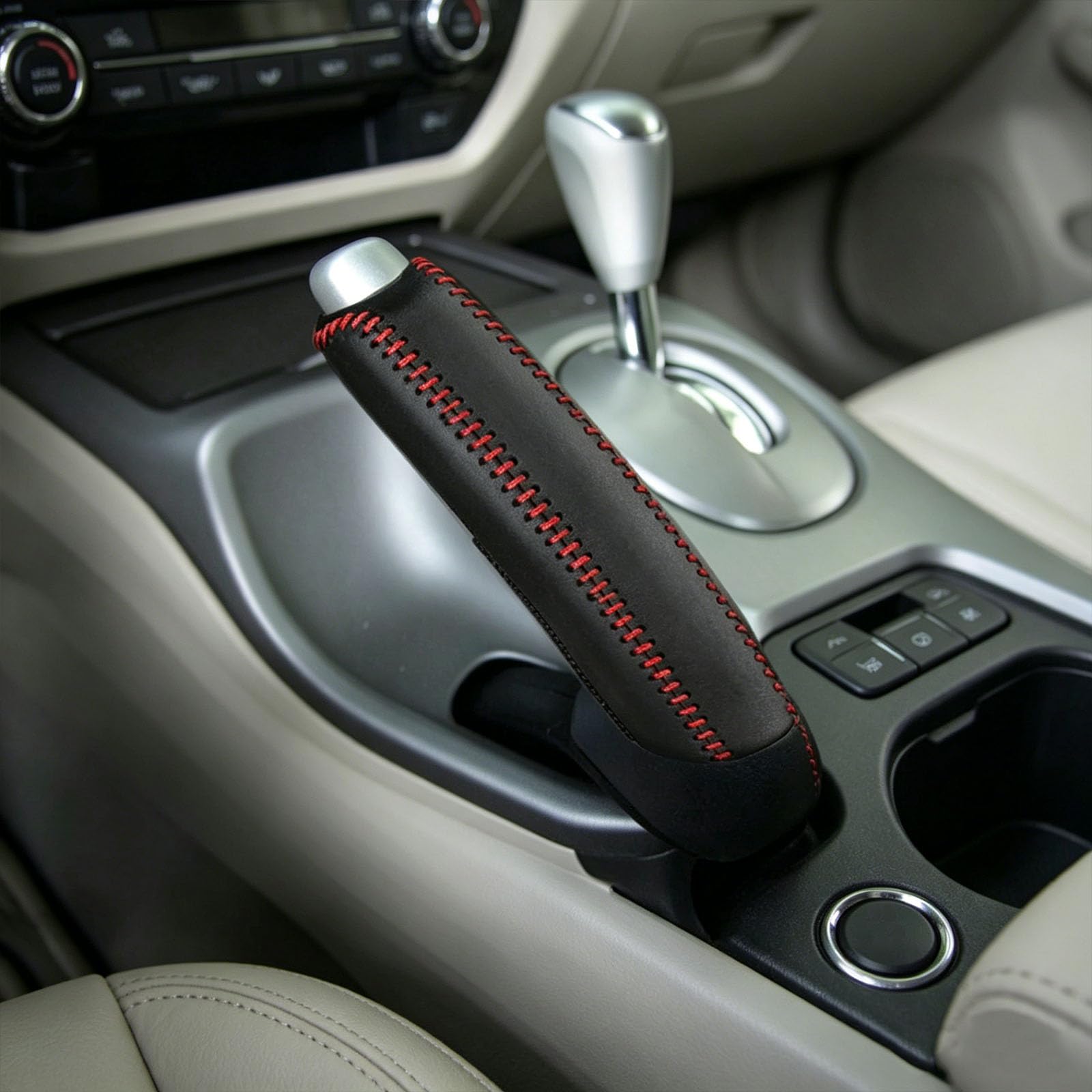 Car Gear Cove, Handbrake Cover, Non-Slip Gear Knob Cover with Enhanced Grip, Interior Protection Car Accessory Compatible with Subaru Models, Black with Red Stitching-image-40