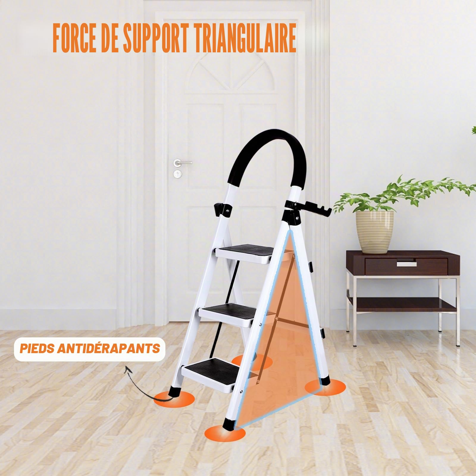 Escabeau Pliable 3/4/5 marches Charge maximale de 150kg Verrouillage de sécurité, pédales Larges accoudoirs escabeau escamotable légères pour la Maison, Cuisine, Placard et Bureau (Blanc-3 marches)