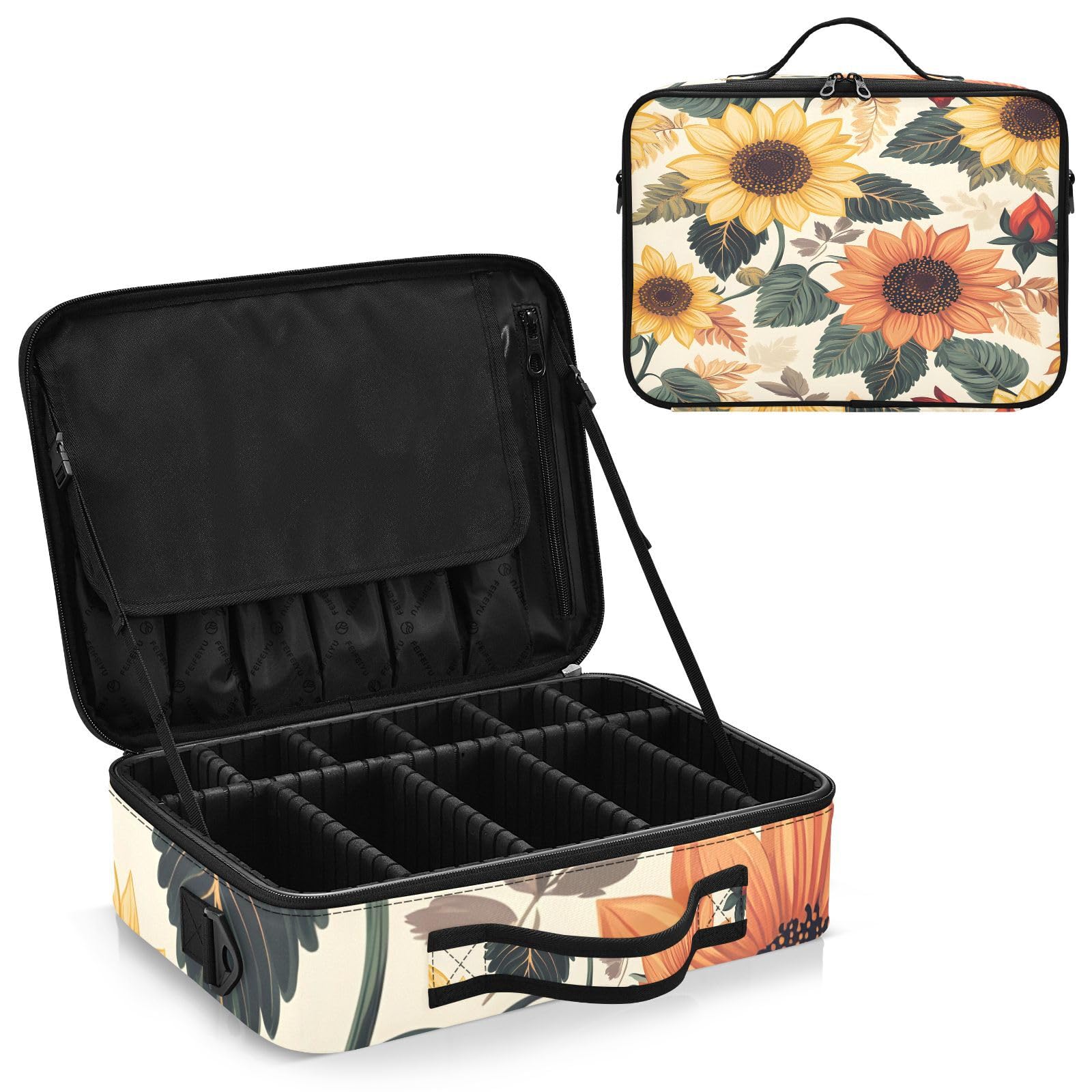zyrtty Travel Makeup Train Case Sunflower Flower Pattern Cosmetic Organizer Portable Storage Bag with Adjustable Dividers for Cosmetics Brushes Toiletry Jewelry Digital Accessories