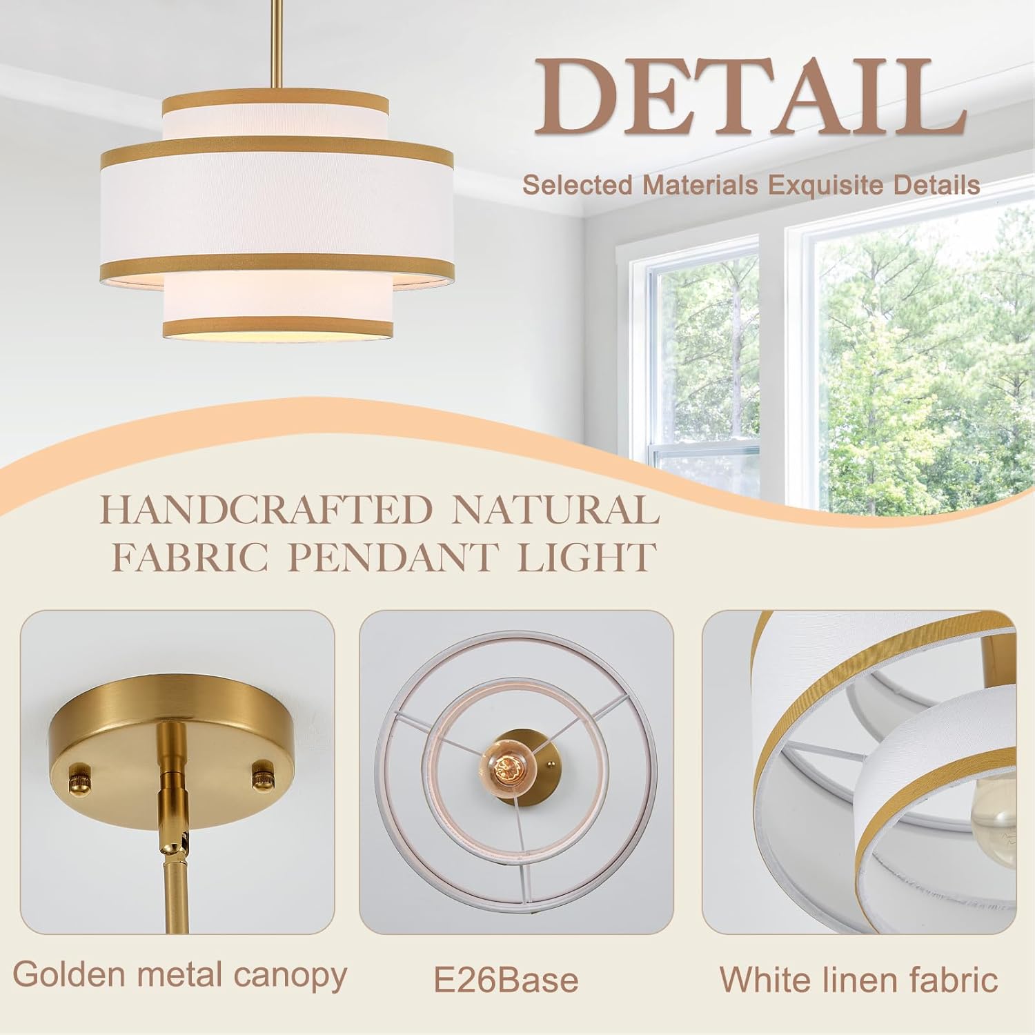 12.3" Small Chandelier Light Fixture, Gold Drum Pendant Light with White Linen Lampshade 1-Light Mini Modern Farmhouse Chandelier for Kitchen Island, Bedroom, Dining Room, Entryway, Foyer