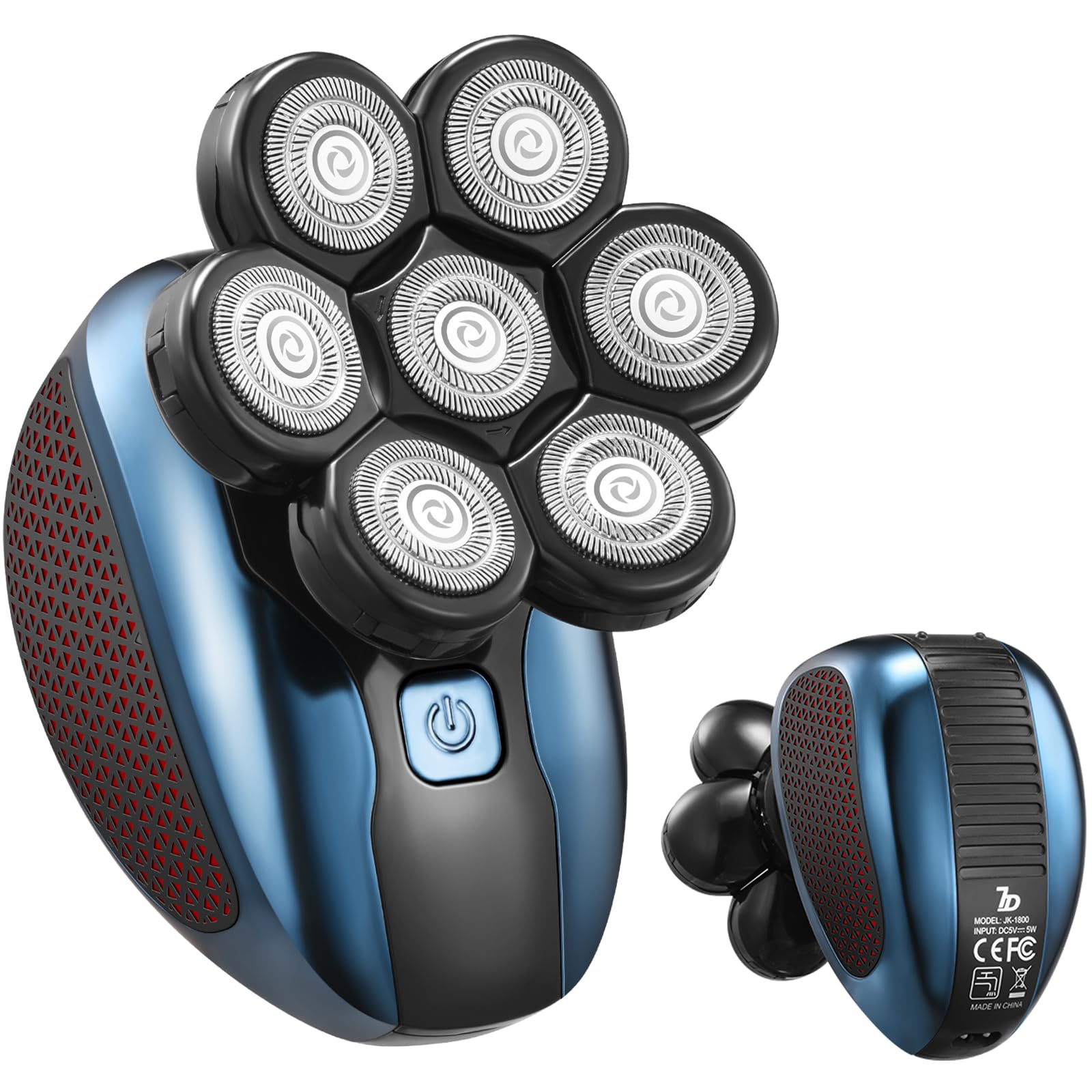 Head Shavers for Bald Men, 6 in 1 Detachable 7D Head Shaver, Electric Razor with Hair Sideburns Trimmer, Waterproof Wet&Dry, Cordless Mens Grooming Kit, Rechargeable Electric Shavers - Blue