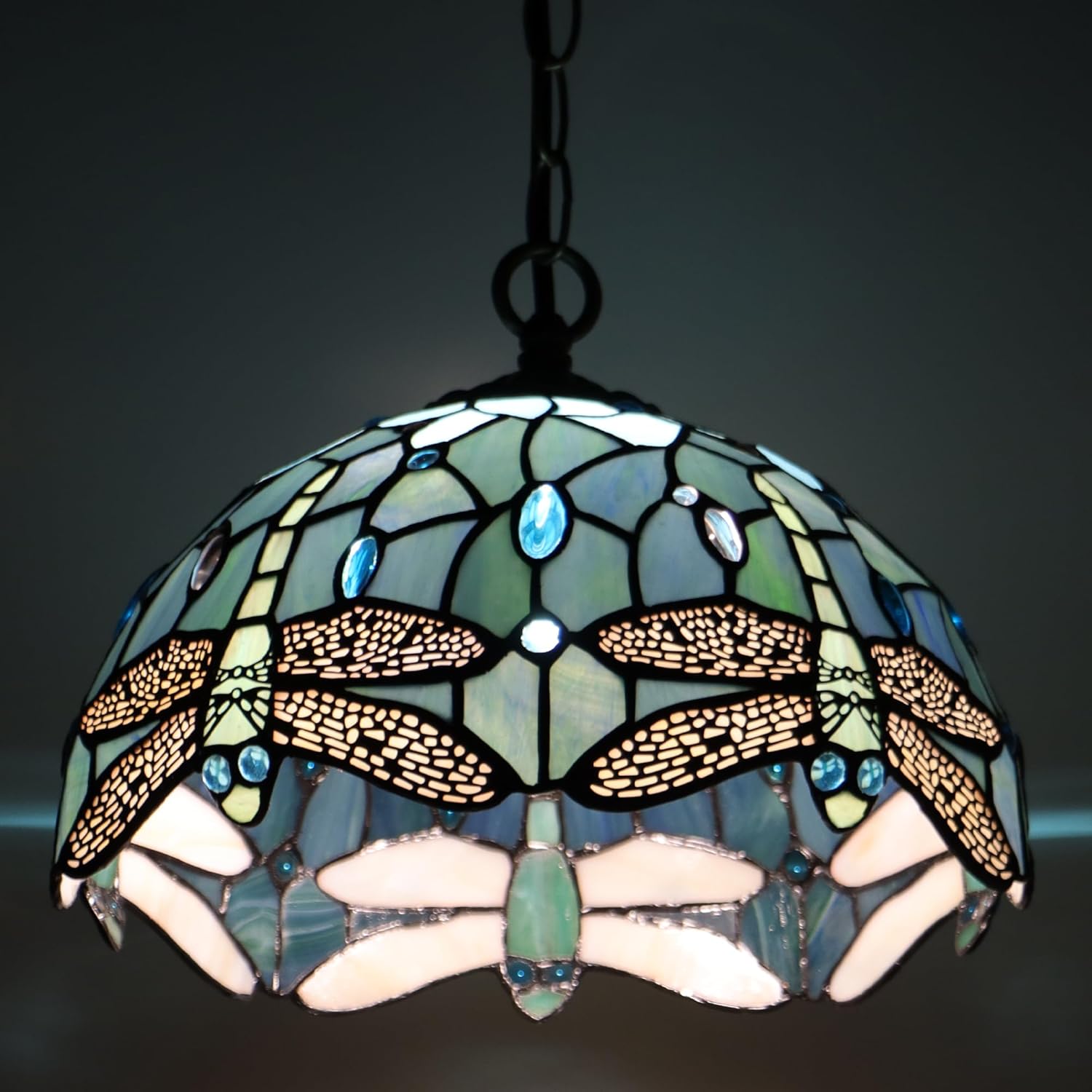 Tiffany Pendant Light Plug in 12 inch Stained Glass Hanging Lamp 39 Inch Chain 15 Feet Cord (Sea Blue Dragonfly)