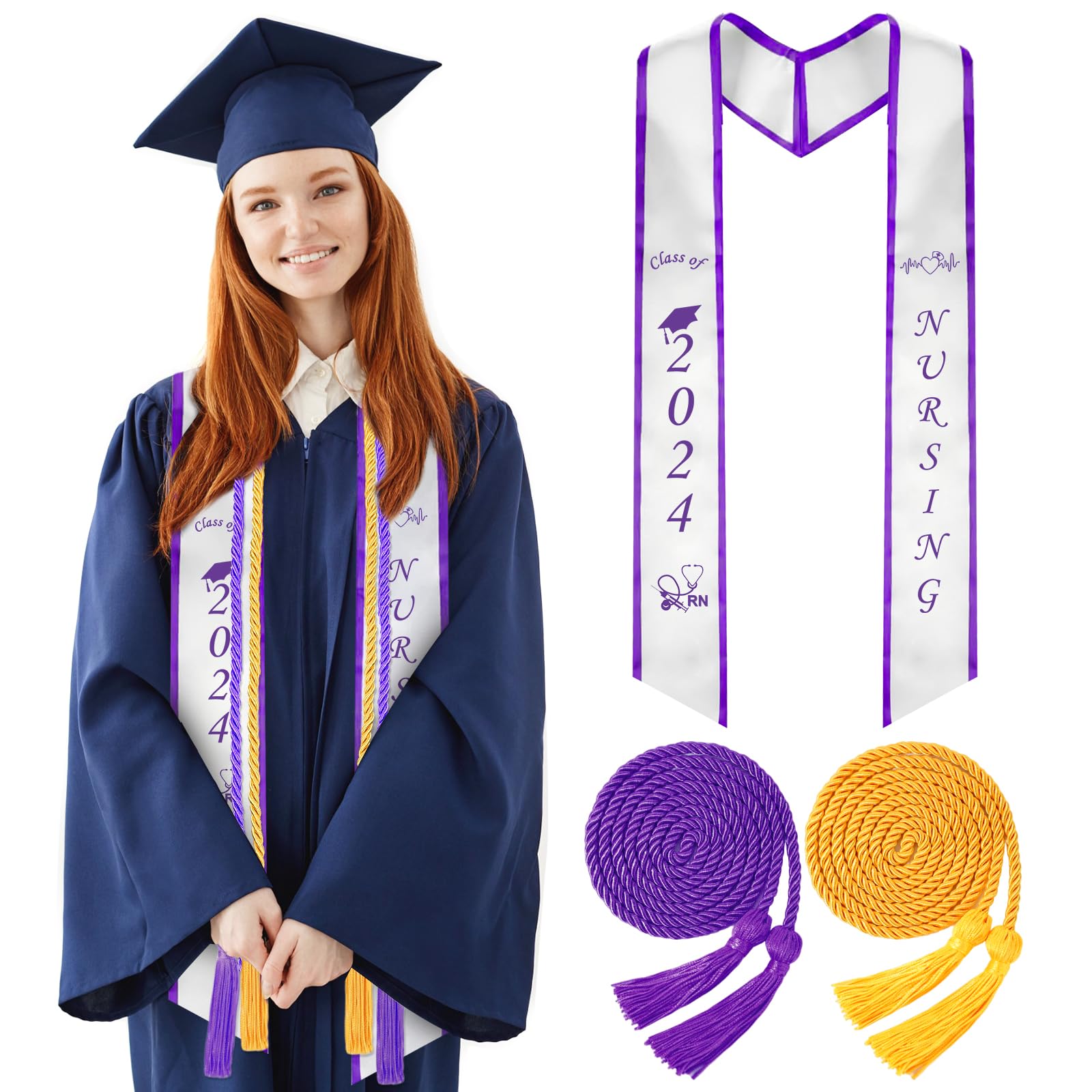 View 1 of Class of 2024 Nursing Graduation Stole with Tassel Graduation Cords Sash Unisex Nurse Honor Cords White and Purple