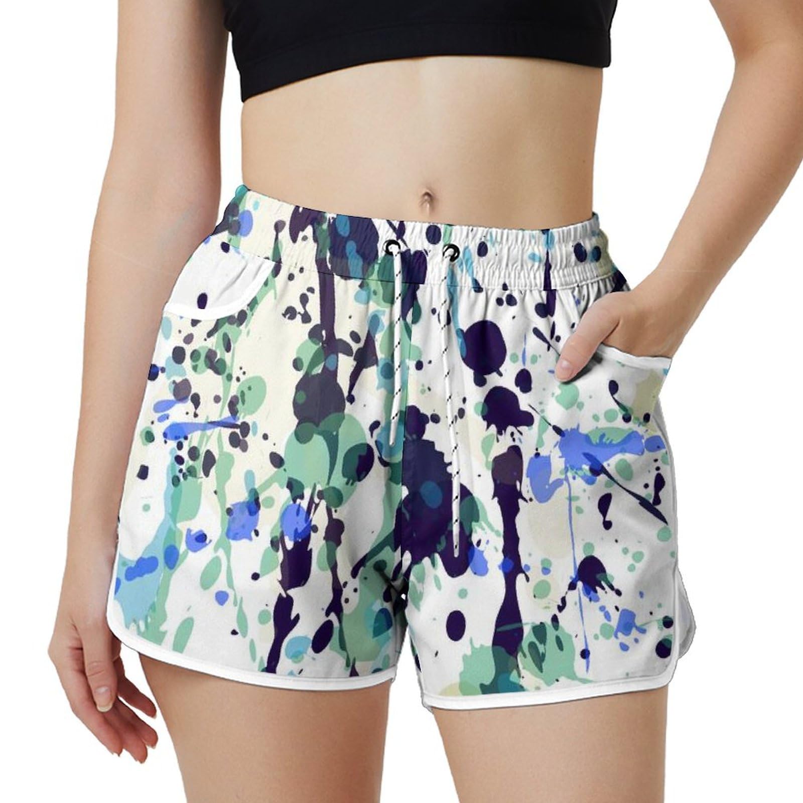 AYUNIX Women's Running Shorts with Pockets Quick Dry Performance Shorts for Women Colorful Paint Athletic Workout Gym Shorts