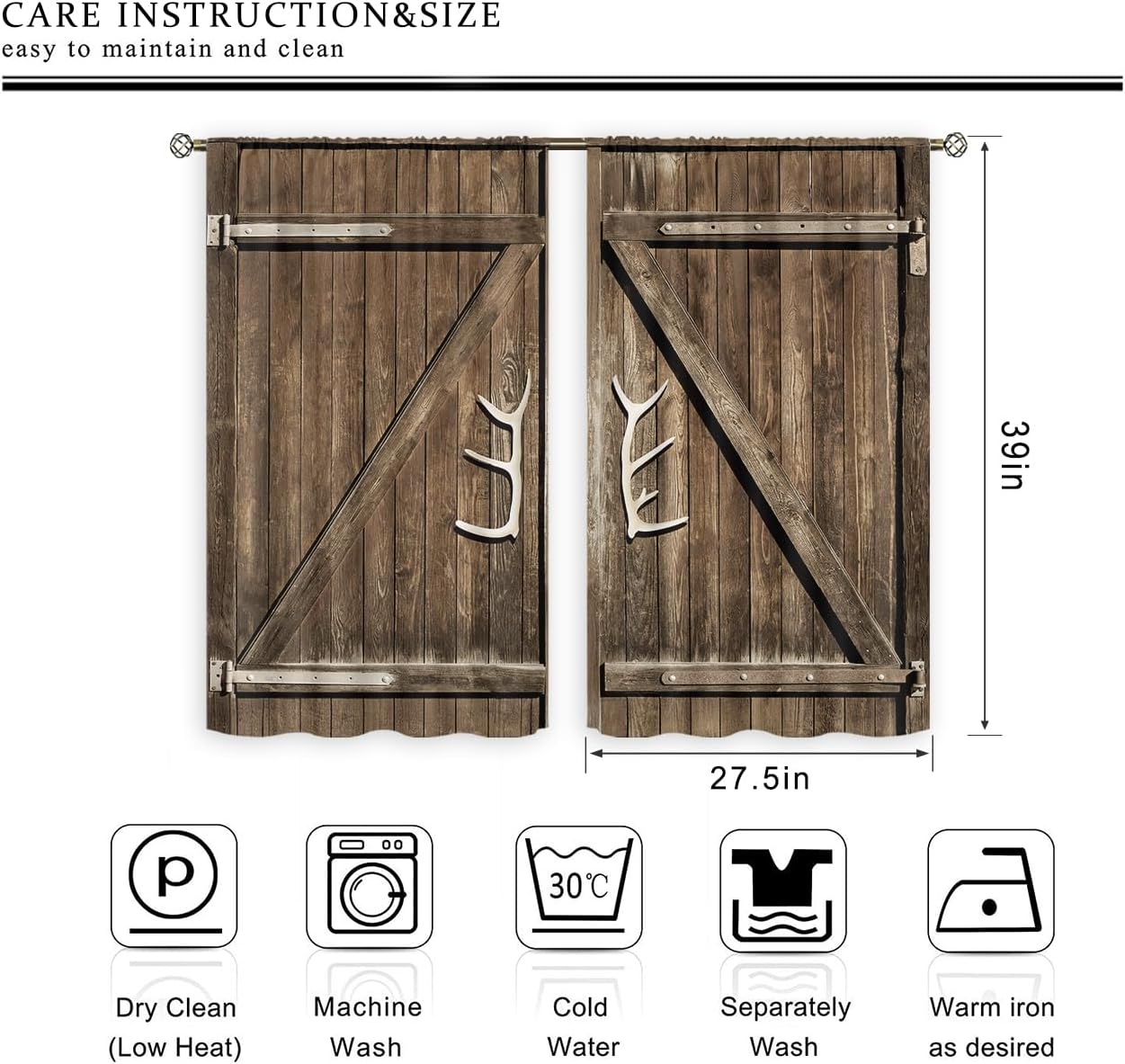 Cinbloo Farmhouse Kitchen Curtains Rod Pocket 27.5W x 39L Inch Brown Barn Door Wooden Rustic Garage Gate Vintage Country Antler Handles Modern Art Short Design Print Window Drapes 2 Panels Set