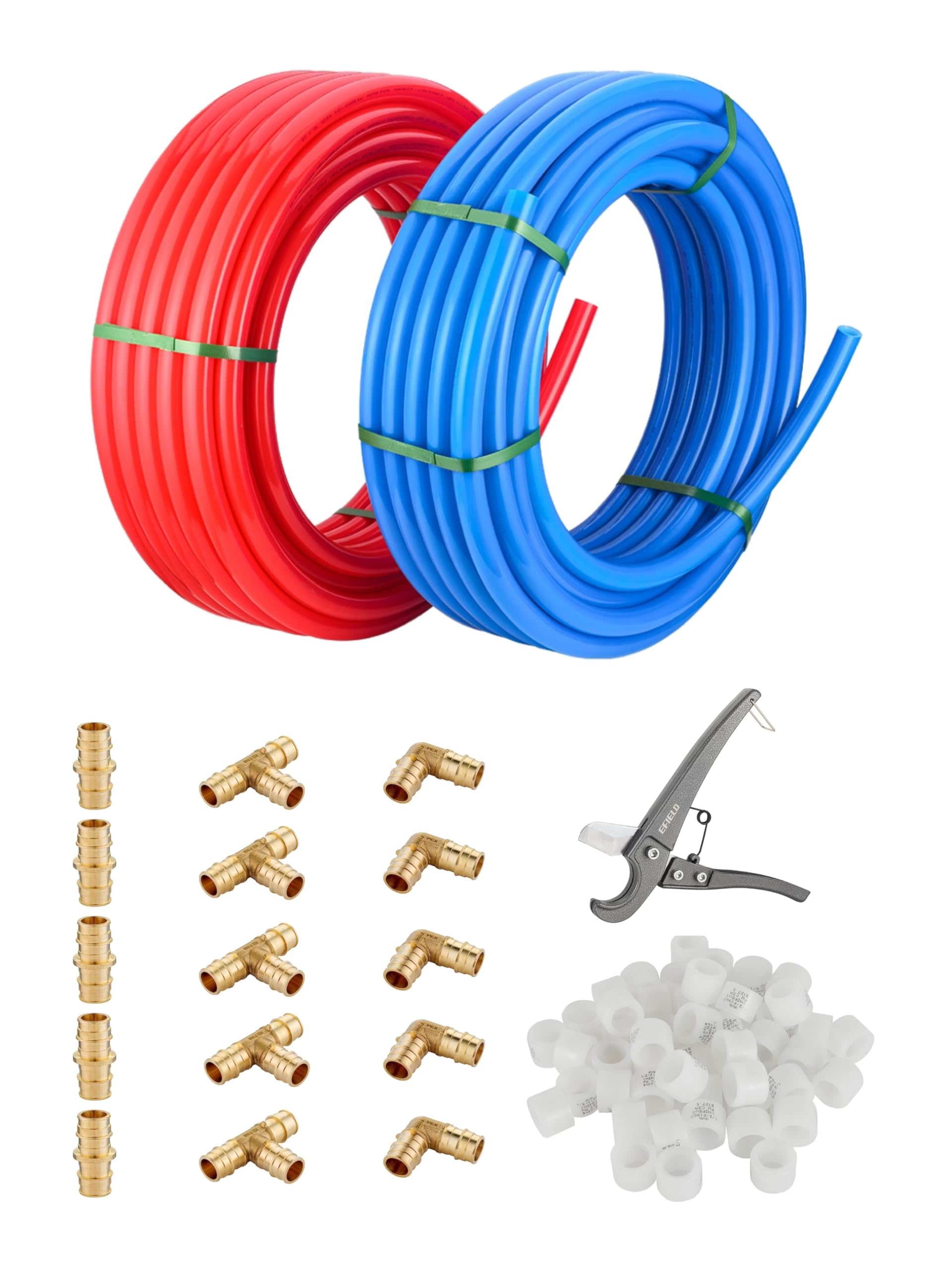 3/4 Inch Pex-A Tubing 100 ft Blue +100 ft Red, Pipe Cutter, 15 PCS 3/4-inch Pex Brass Expansion Fitting (Coupler, Elbow, Tee 5 PCS/each), 50 Pcs 3/4-inch Expansion Rings,(YRB99)