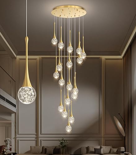 Miniatura 27 de 16 Luces Moderna Lámpara de Techo de Cristal con Diseño Glam para Techos Altos, Lámpara Colgante LED Regulable para Escalera, Vestíbulo, Entrada,