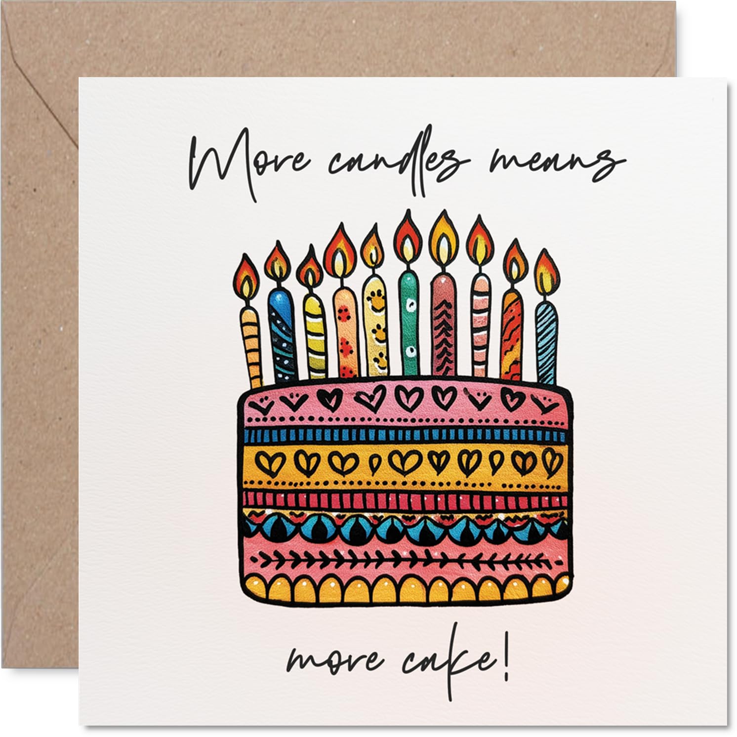 Playful Birthday Card - More Candles, More Cake - Colourful Cake and Candle Design for a Big Birthday Laugh - 145mm Square, Envelope Included