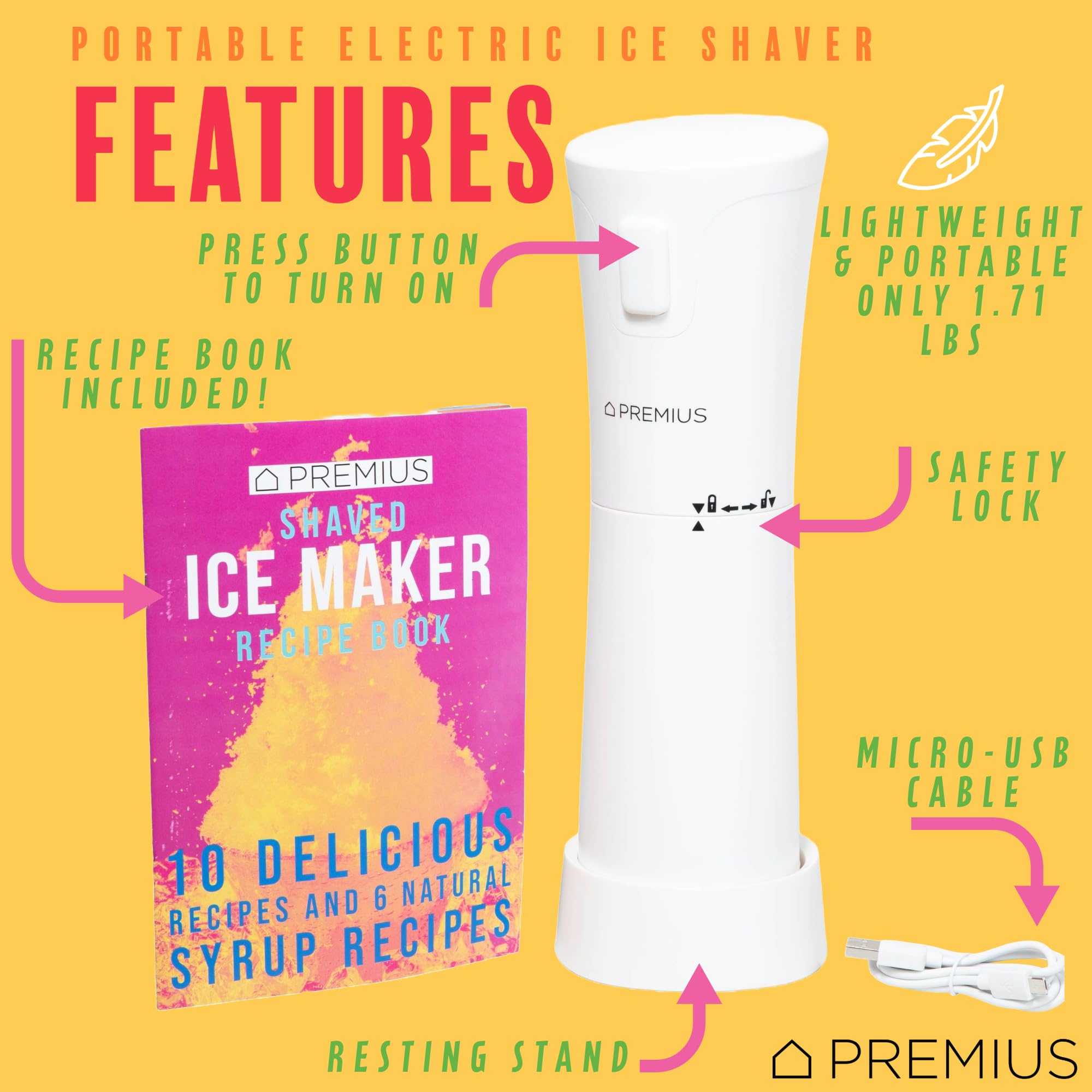 Cordless Shaved Ice Maker by PREMIUS – Lightweight, Rechargeable, Bonus Recipe Book, Resting Stand – Caribbean Shaved Ice! USB Cord Included – Up to 40 Snow Cones Per Charge! No Molds Needed! (White)