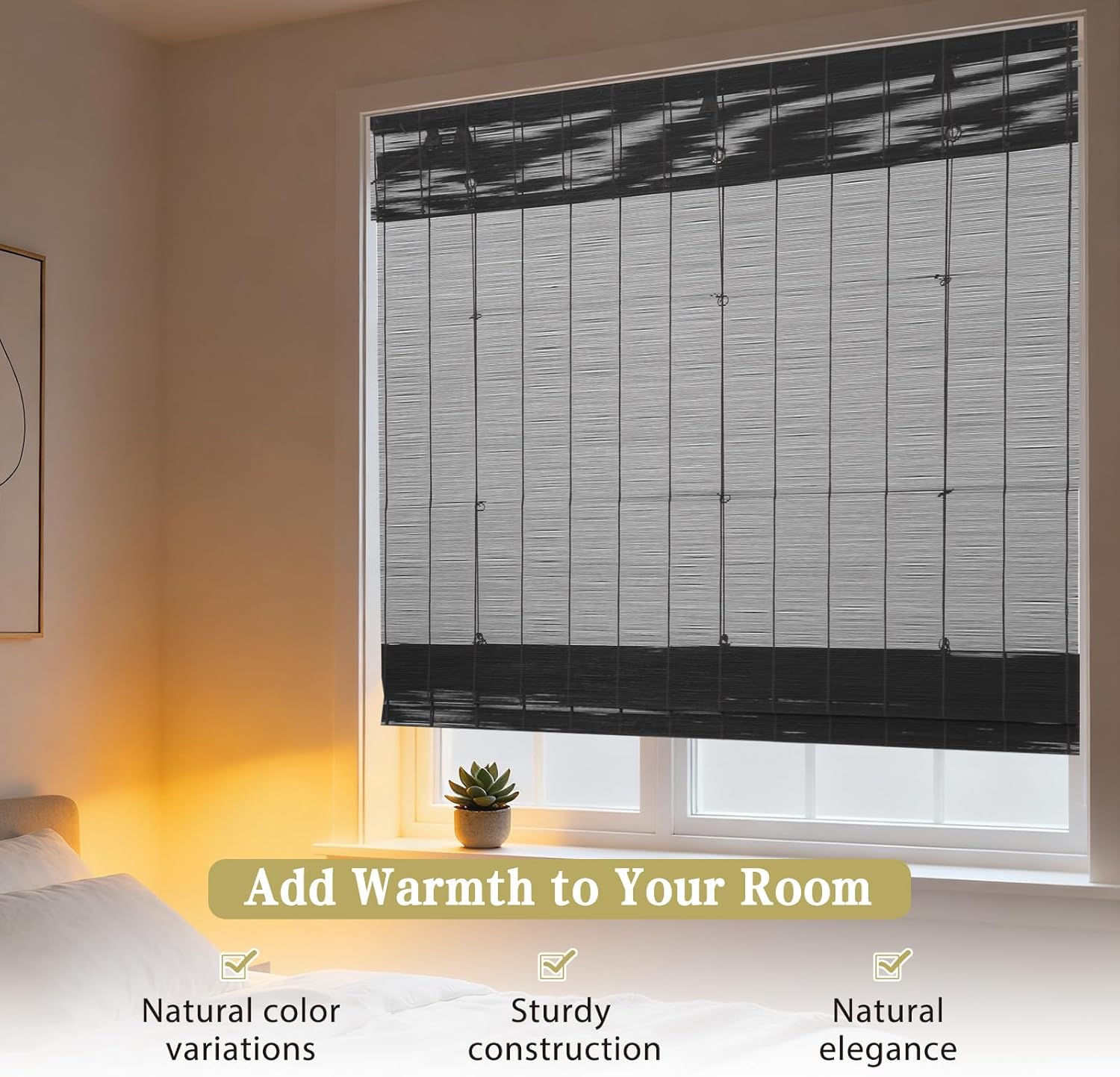 LETAU No Tools No Drill Cordless Wood Window Roman Shades, Bamboo Light Filtering Window Blinds for Indoor Kitchen, Office, Home, Black - Indoor