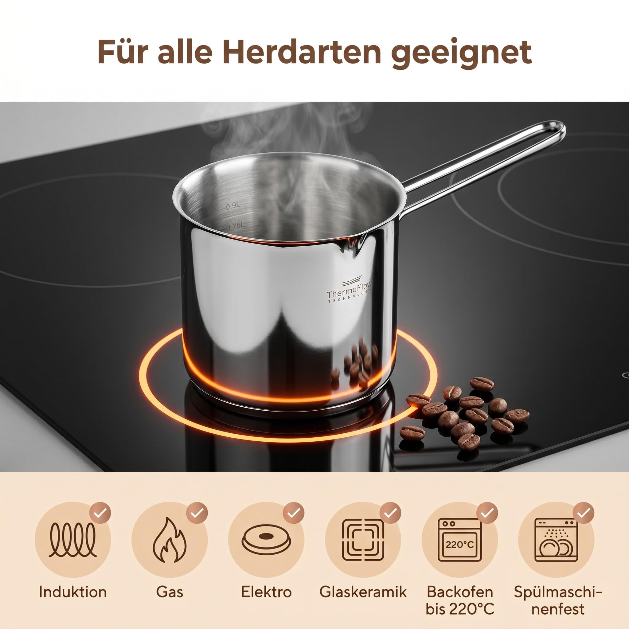 ROSMARINO Teiera per moka a induzione, in acciaio inox, 1225 ml, modello 2025, moderna caffettiera turca Cezve con fondo in acciaio a 3 strati (1225 ml)