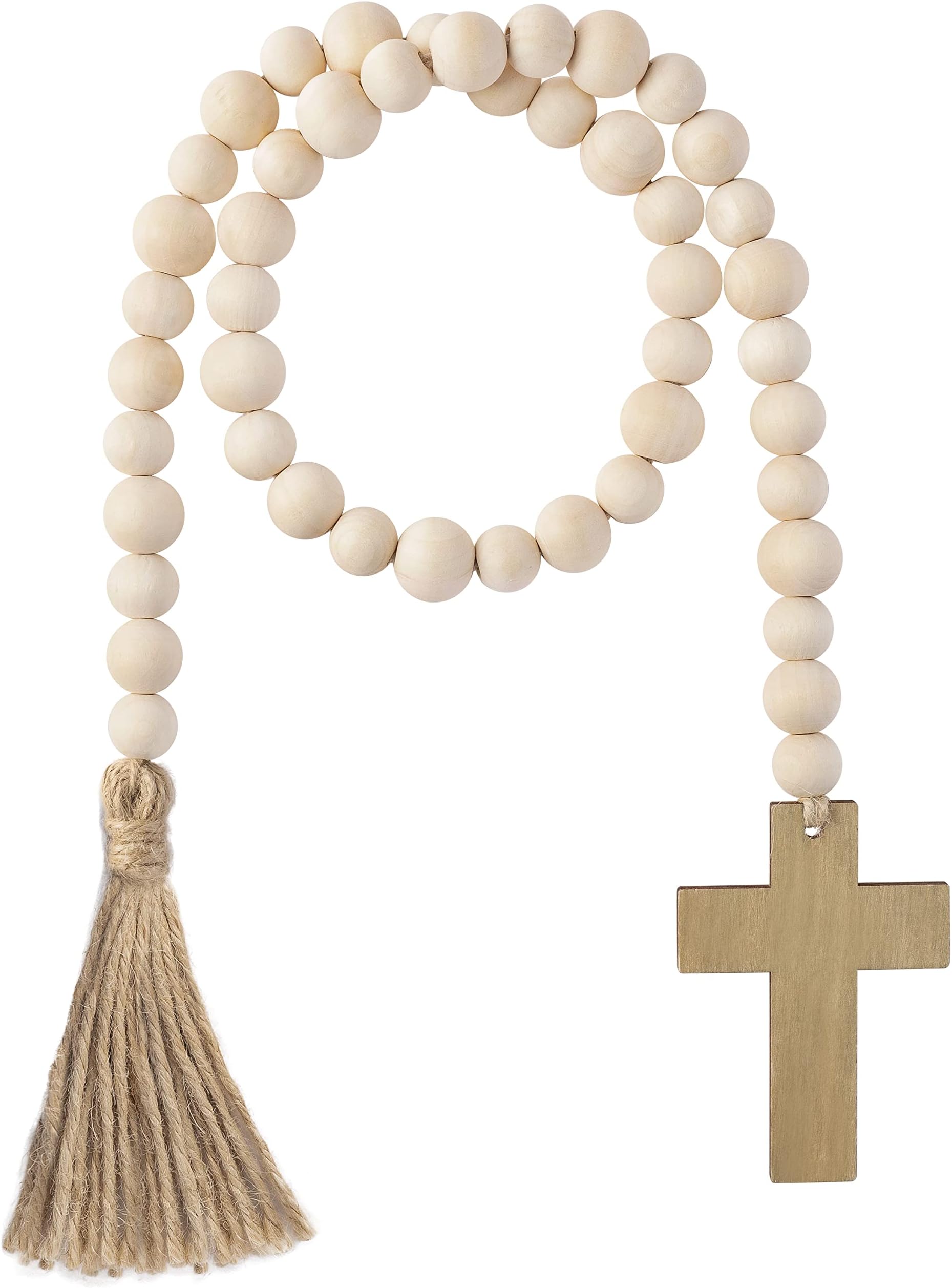 L1rabe Christmas Party Favor Jesus Cross Wood Bead Garland, 47Pcs Wood Bead with Wood Color Wood Bead Garland Farmhouse Rustic Beads with Jute Rope Plaid Tassel Natural Wood Beads Decor for Christmas