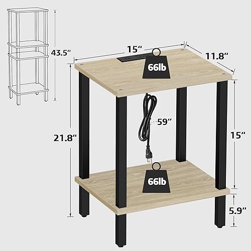 Miniatura 3 de TUTOTAK Mesa auxiliar con estación de carga, juego de 2, mesa auxiliar con puertos USB y tomacorrientes, mesita de noche, estante de almacenamiento