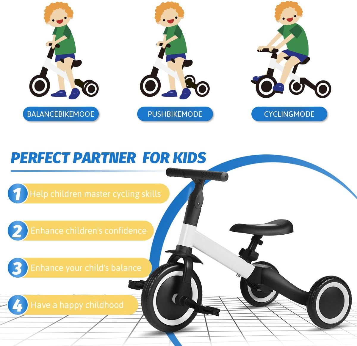Parker 3 in 1 Kids Trike for Children 1-3 Years Old Kids Tricycle Boys Girls Baby Balance Bike 2 Wheels for Toddlers Tricycle with Removable Pedals (White)… : Sports & Outdoors