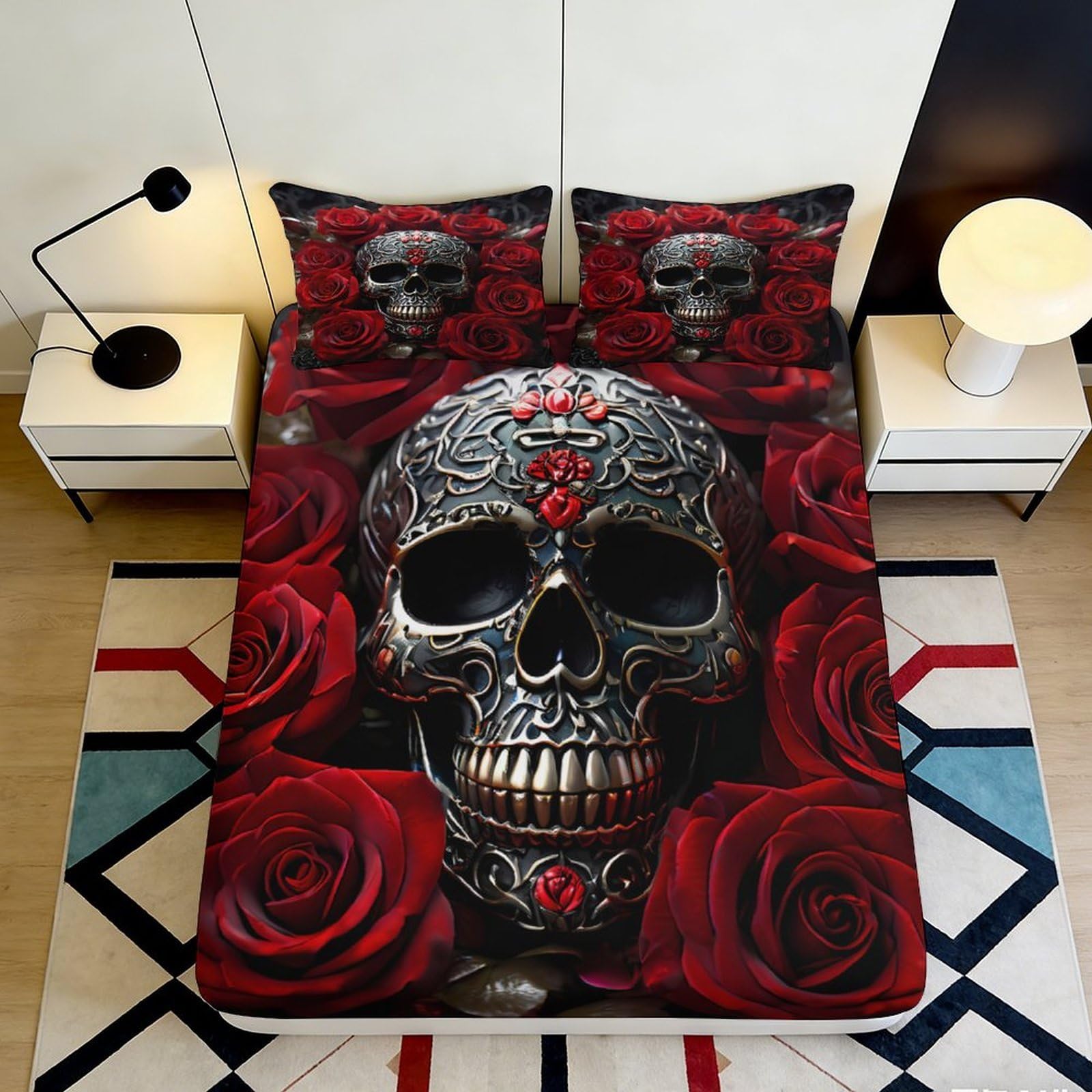 Uynsixtme Style-5 3D Printed Rose Skull Fitted Sheet Microfiber Deep Pocket Non-Slip Bedroom Bedding Rose Skull Mattress Fitted Cover Washable 200X200x25cm