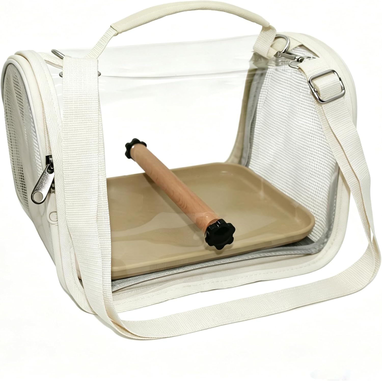 White Portable Transparent Bird Shoulder Bag, Breathable Mesh Hands Free Parrot Travel Cage Lightweight Small Pet Carrier with Removable Tray and Perch for Vet Visits, Shopping, Hiking
