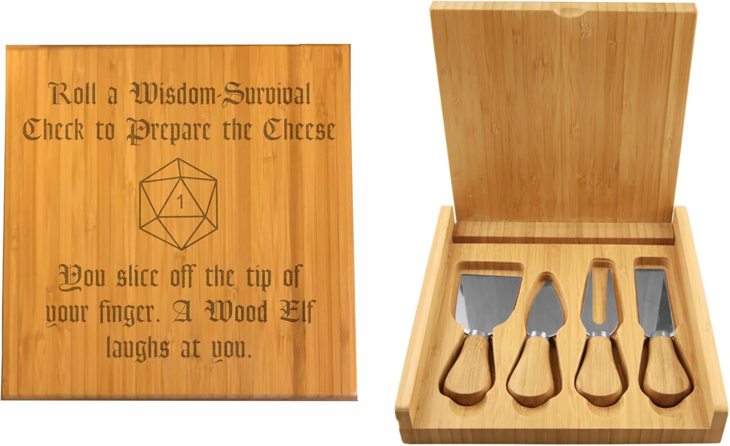 D&D Roleplaying Gifts Funny Wisdom Check Crit Fail Engraved Cheese Set with Tools, Dungeons Dragons, dnd