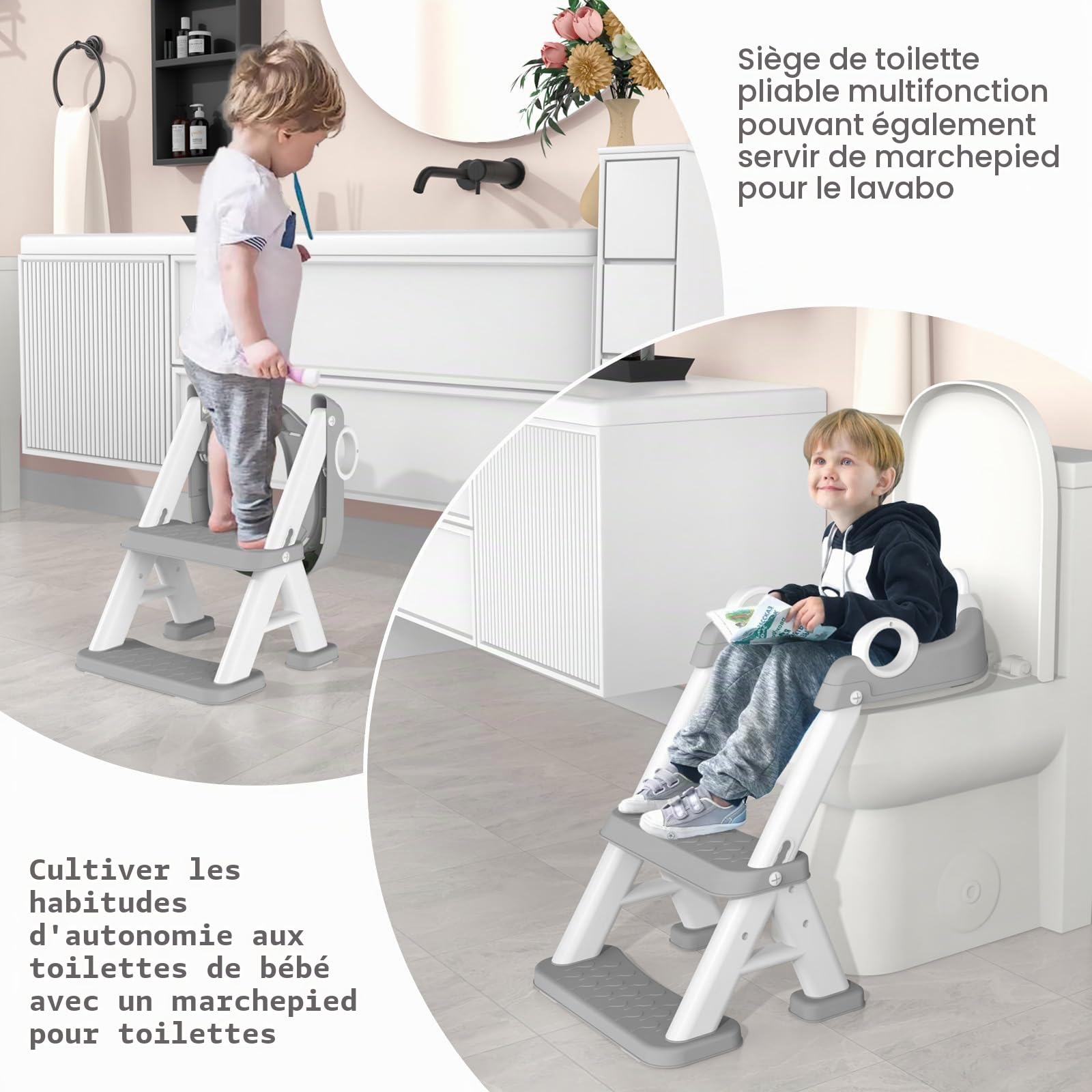 Reducteur Toilette Enfant, 2 en 1 Rehausseur Toilette Enfant pour Garçons et Filles, Siège de Toilette Enfants avec Escalier Pédale Allongée et Coussin, Abattant WC Antidérapant Échelle Réducteur Gris