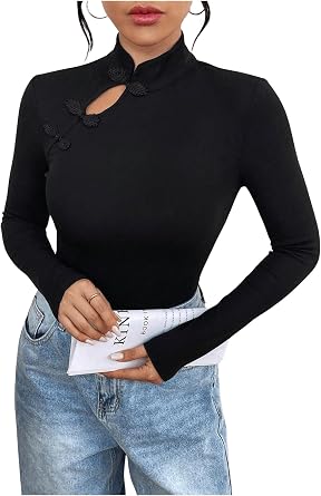 SweatyRocks Womens Long Sleeve Knit Ribbed Cheongsam Button up Mock Neck Tops