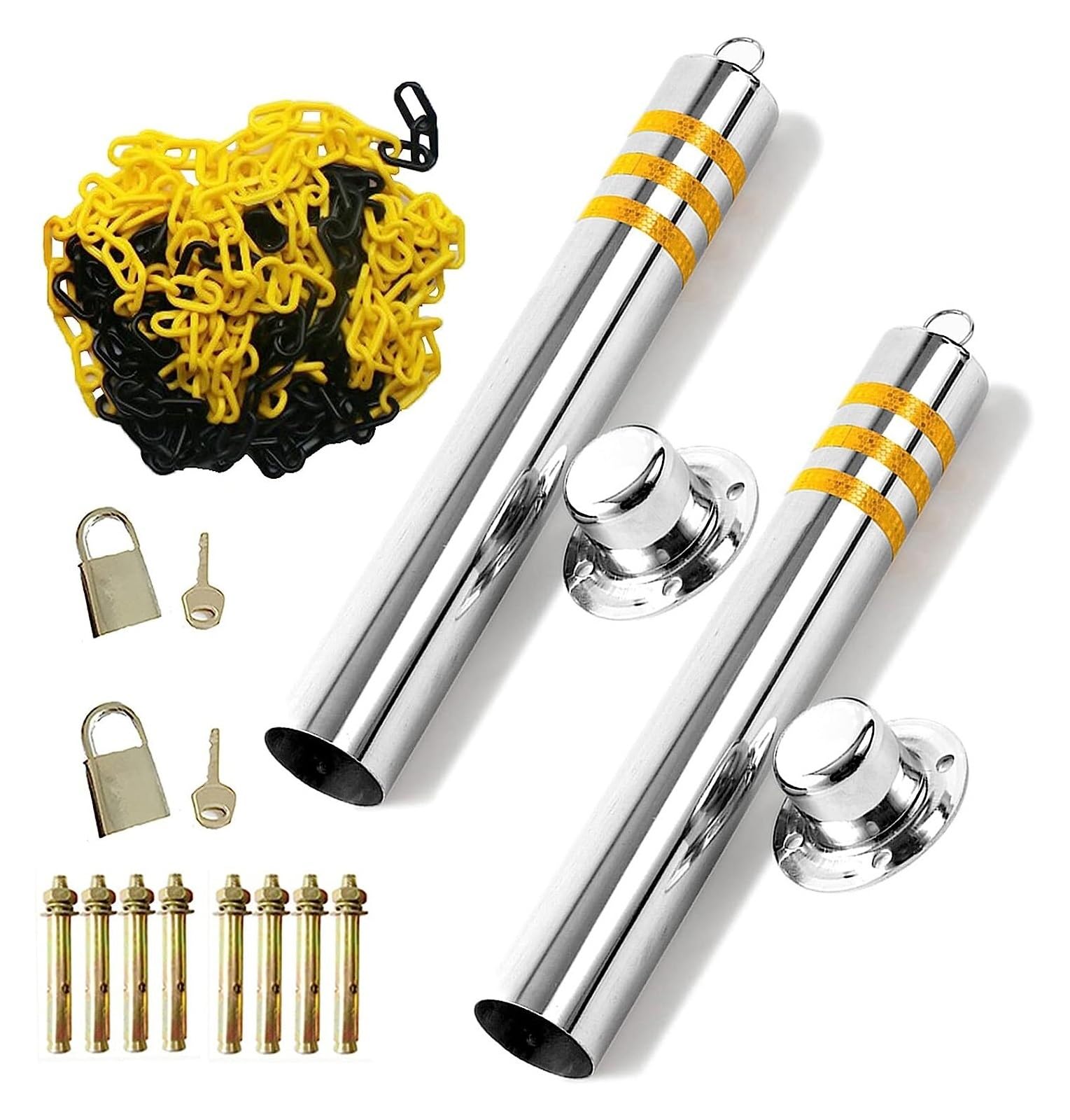 HCZKIUJY 2 Parking Bollards with Padlock,Driveway Barrier Heavy Duty Reflective Road Markers Removable Driveway Bollards (650x76mm)