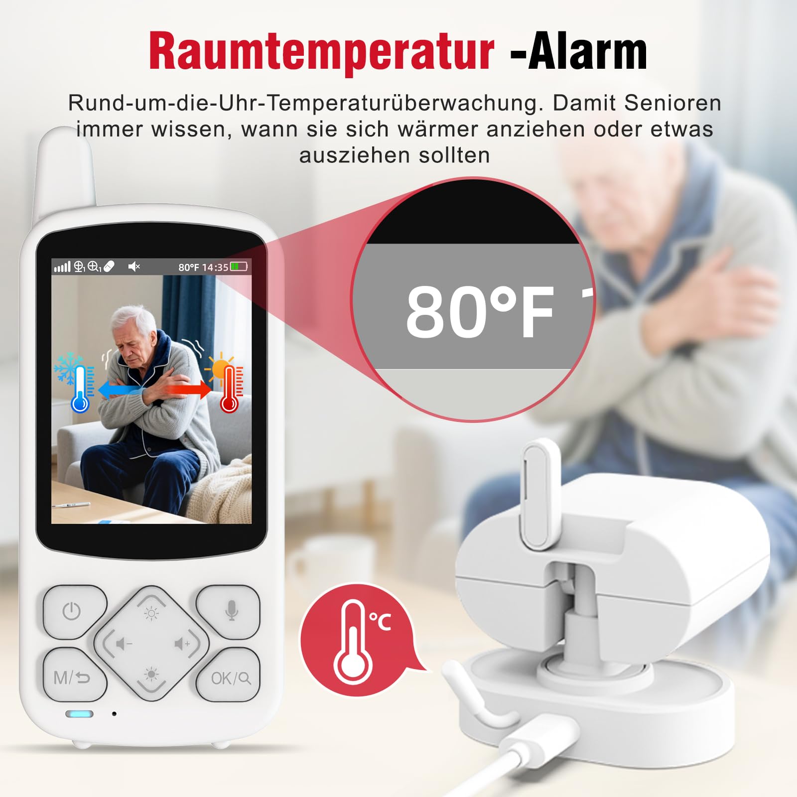 CallToU Schwenkbare Babyphone für Senioren mit Zwei-Wege-Audio | Ohne WLAN; Temperaturüberwachung; Medikamentenerinnerung; 720p, Infrarot Nachtsicht, SOS Notrufknopf