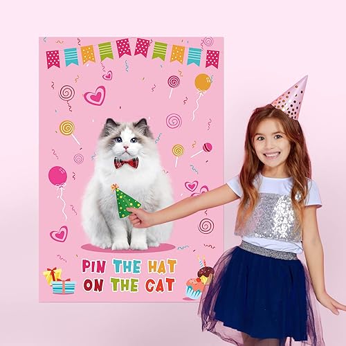 Miniatura 4 de Hxezoc Pin The Hat on The Cat Party Games para niñas, póster grande de juegos de gatos para niños, decoración de fiesta de cumpleaños con temática